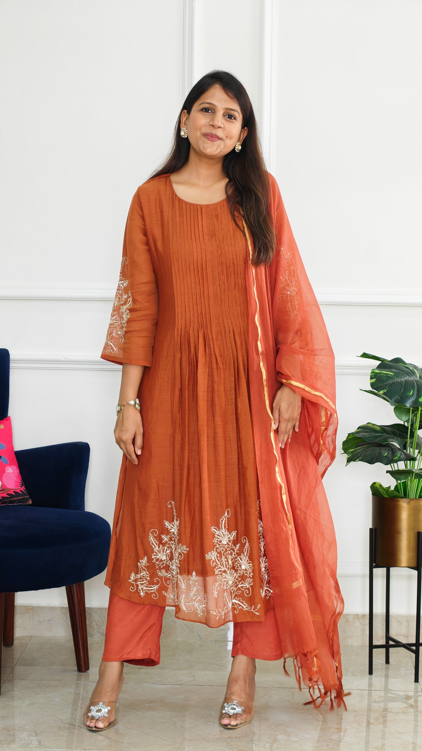 Rust Mul Chanderi Suit Set