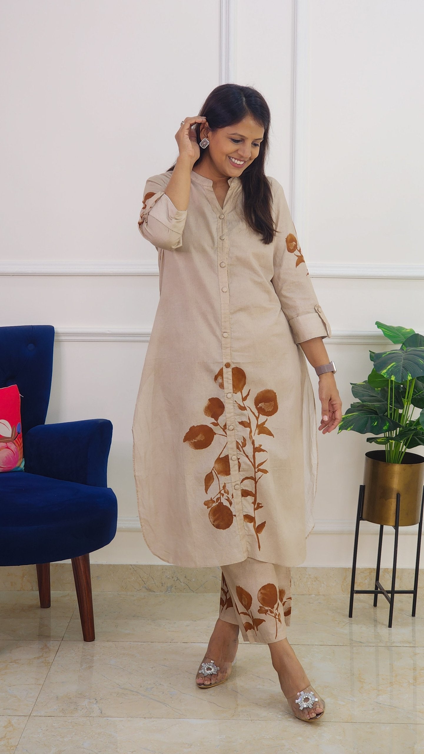Beige Kurta Set with Flower Detail
