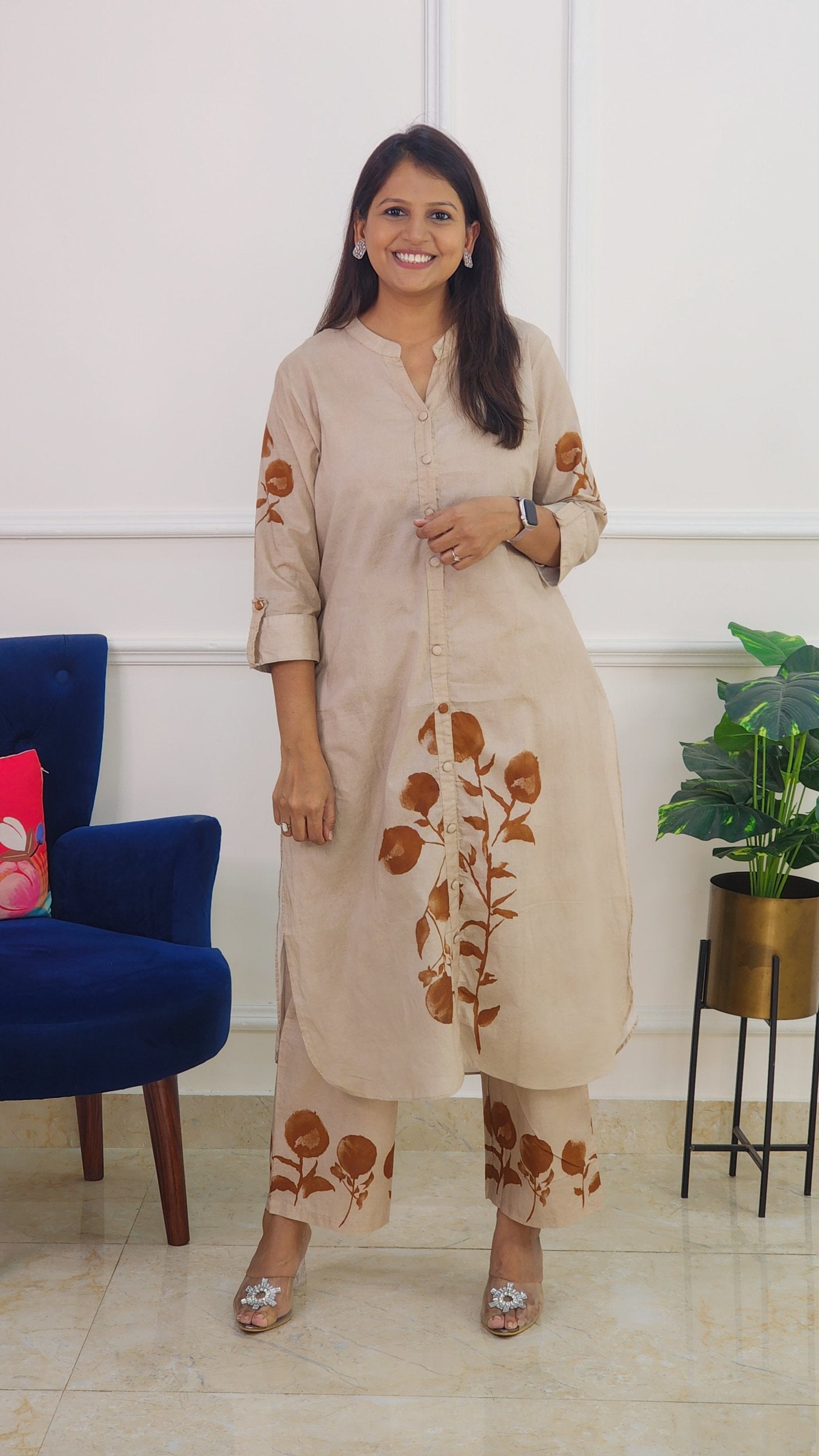 Beige Kurta Set with Flower Detail