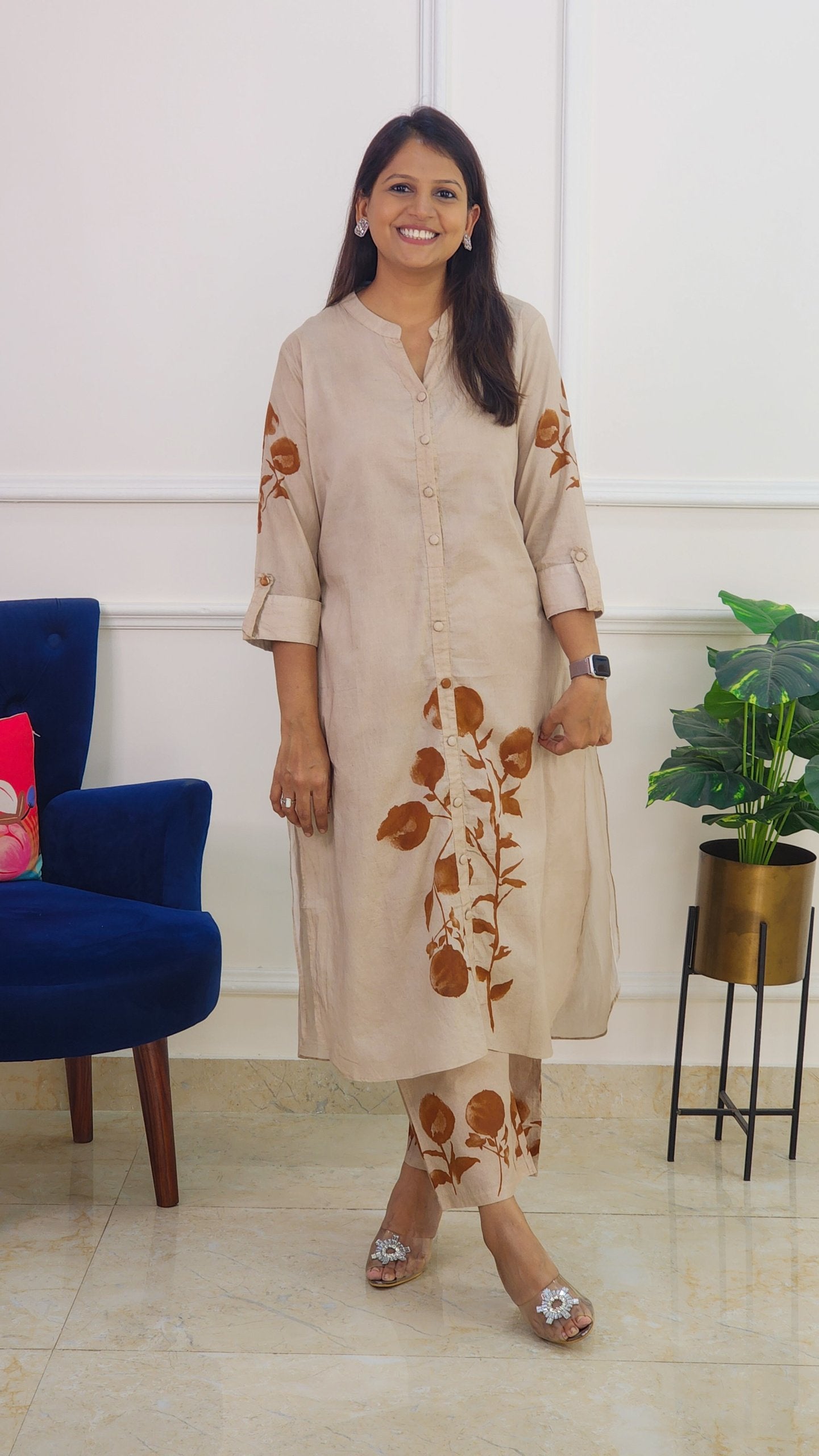 Beige Kurta Set with Flower Detail