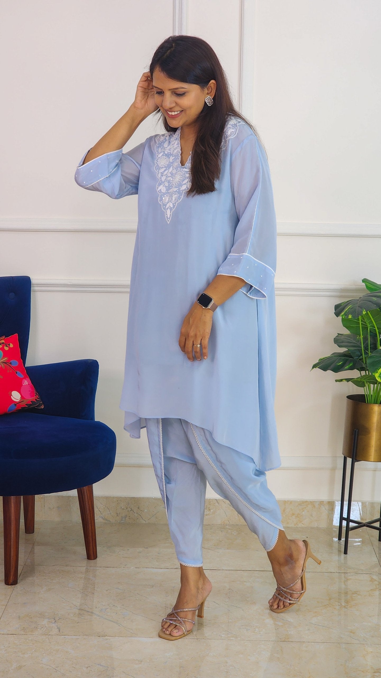 Powder Blue Embroidered Set with Tulip Pants