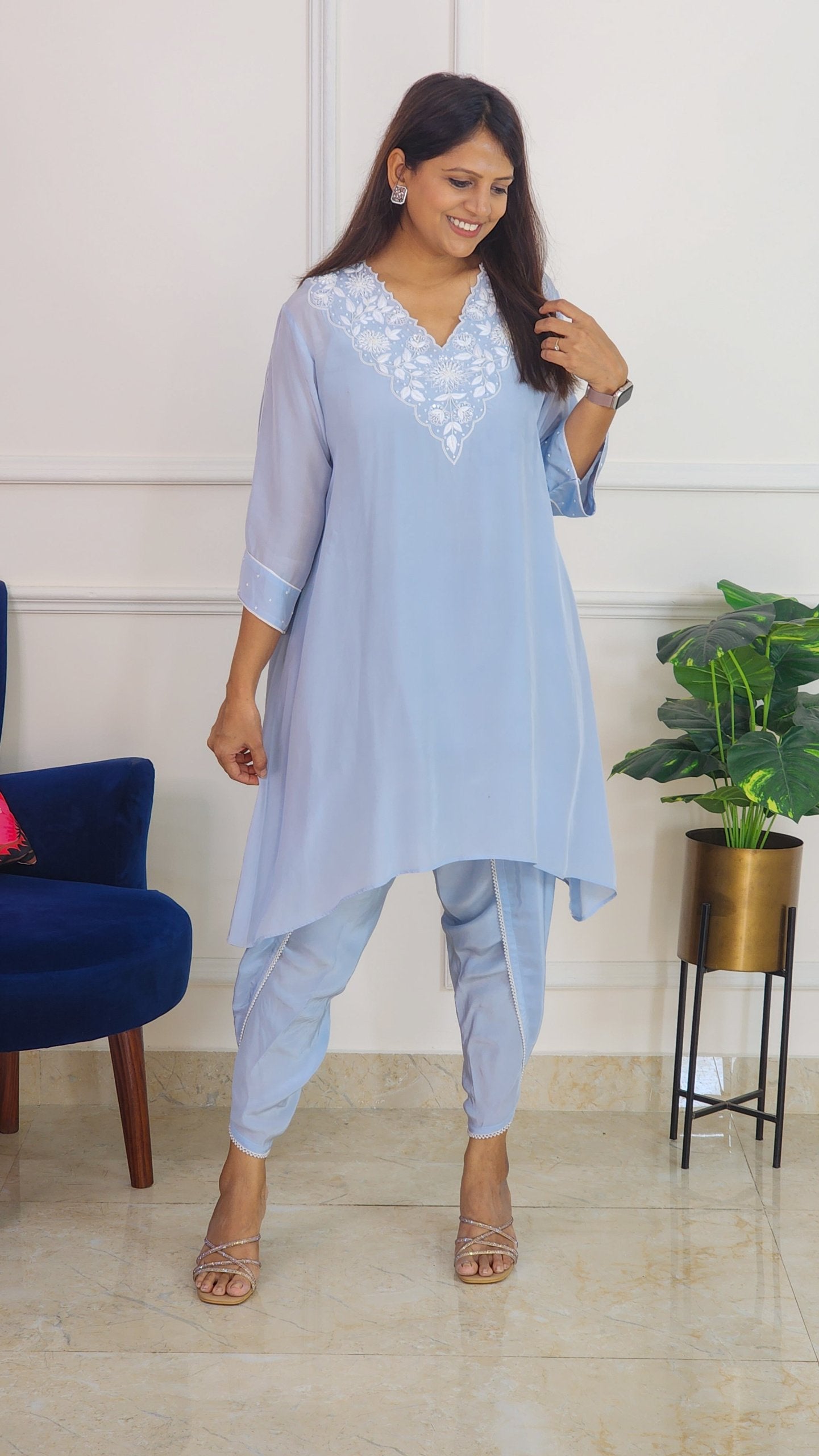 Powder Blue Embroidered Set with Tulip Pants