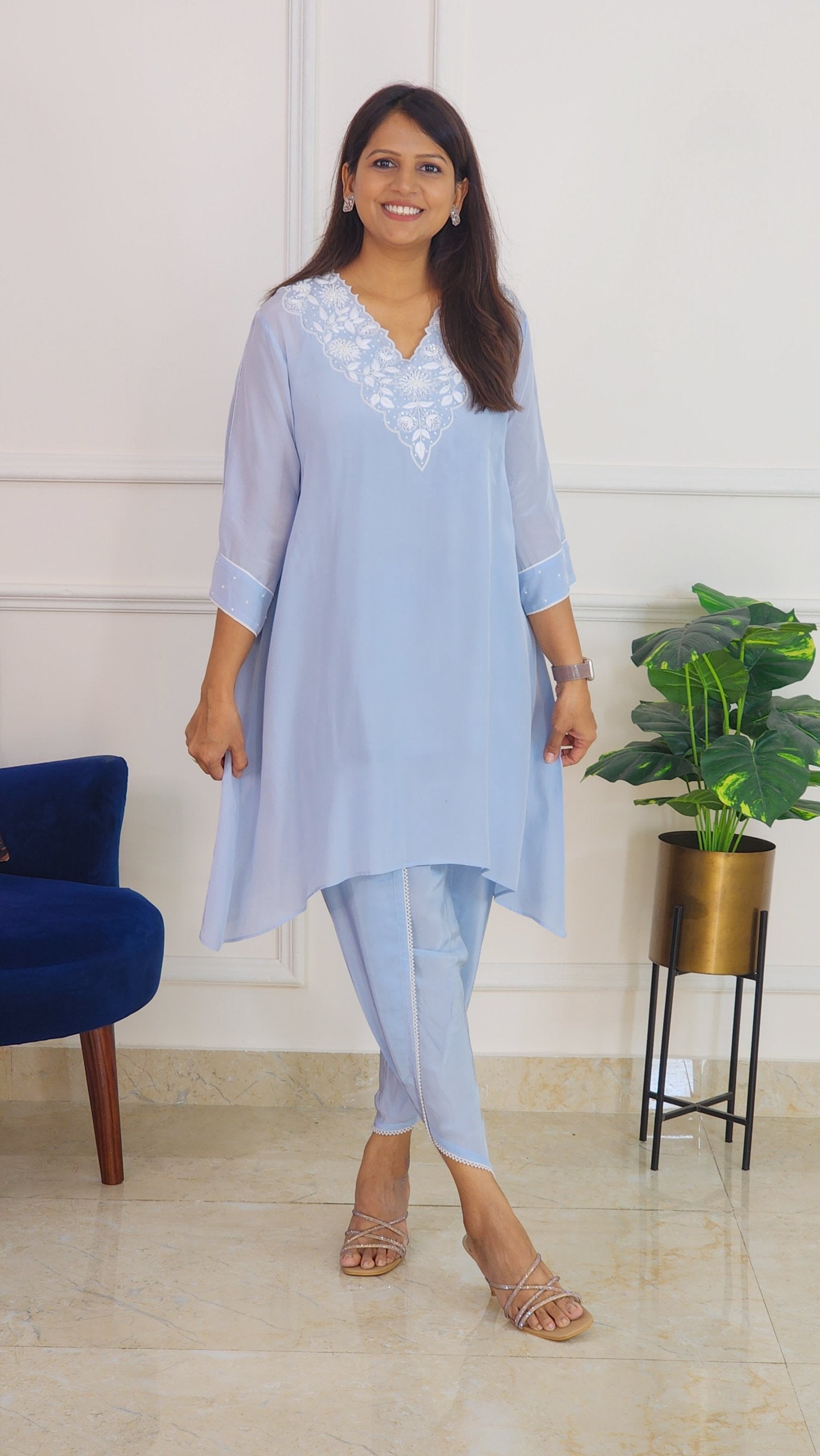 Powder Blue Embroidered Set with Tulip Pants
