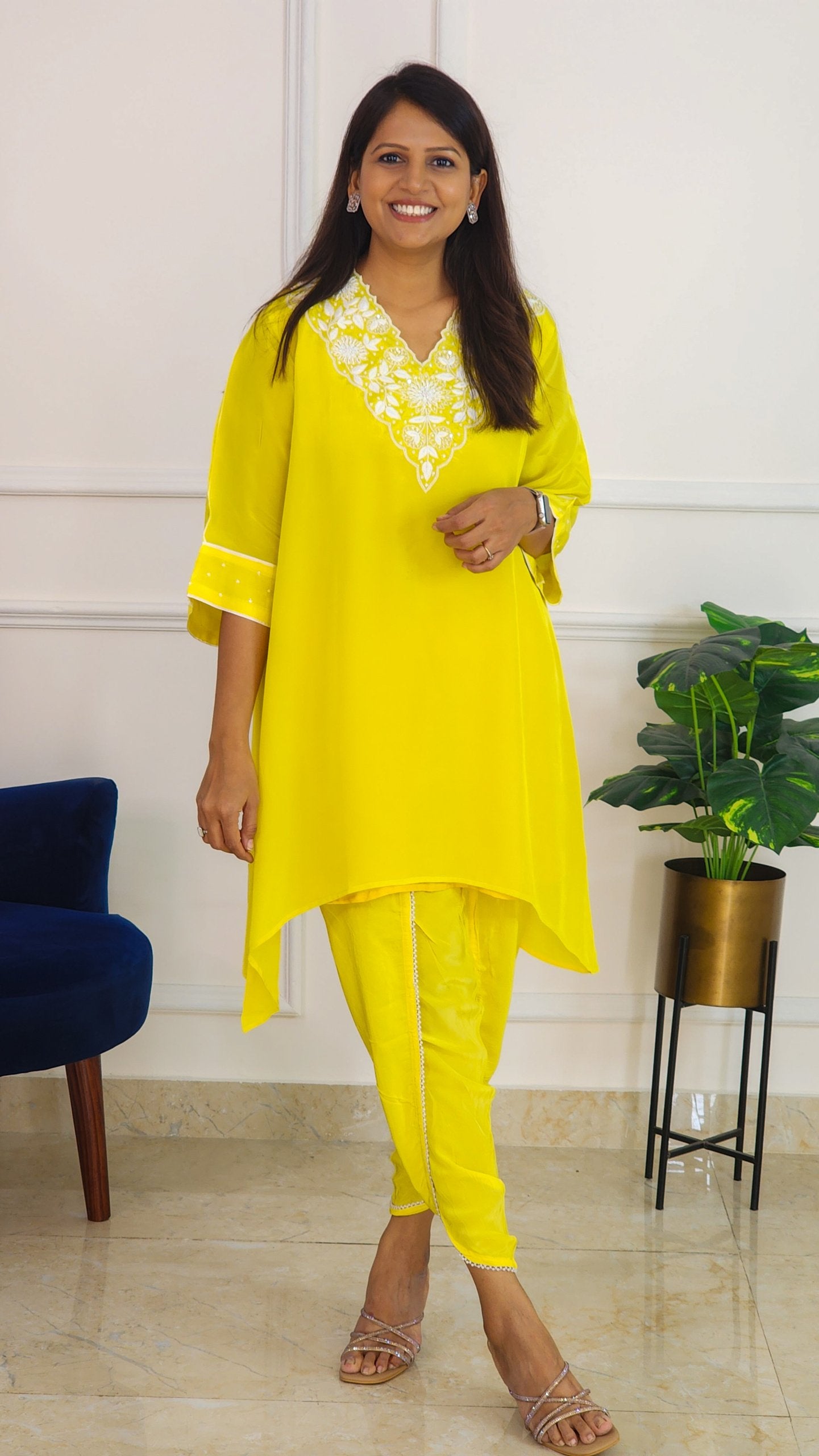 Electric Yellow Embroidered Set with Tulip Pants