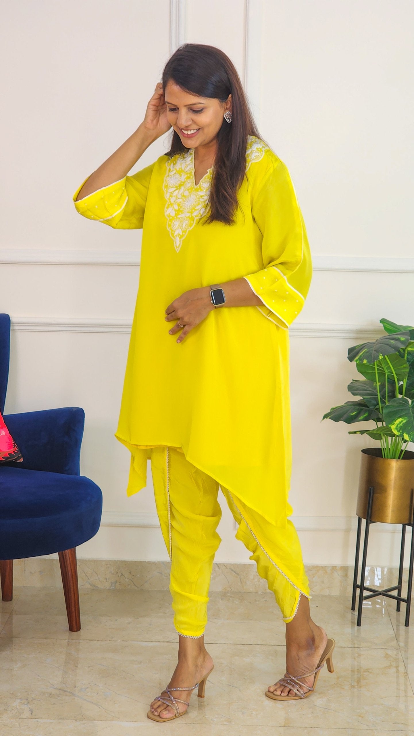 Electric Yellow Embroidered Set with Tulip Pants