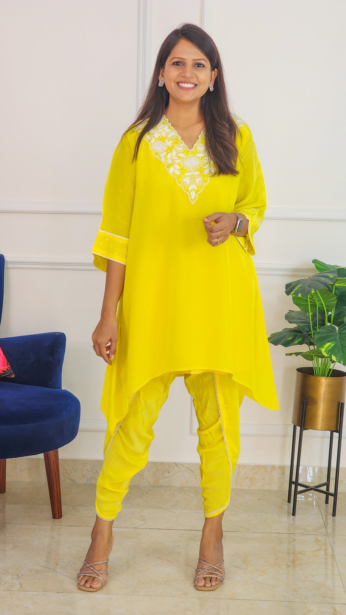 Electric Yellow Embroidered Set with Tulip Pants