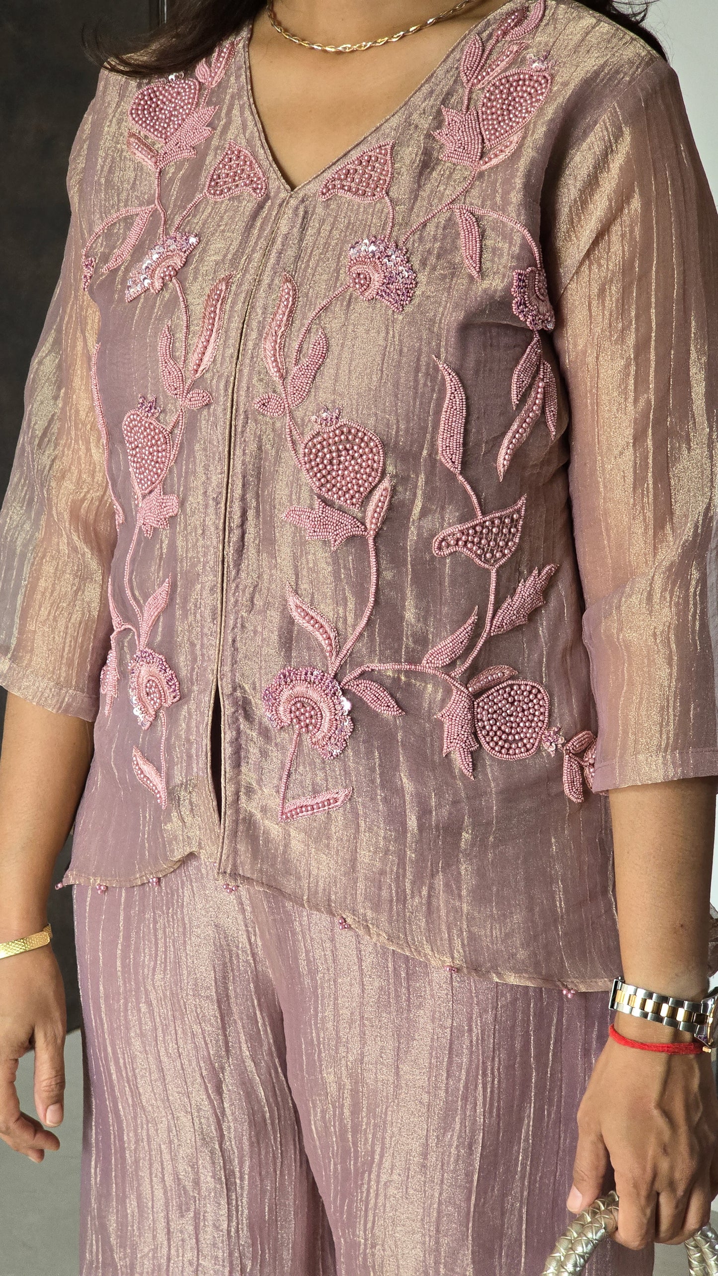Peach Tissue Moti Indowestern Set