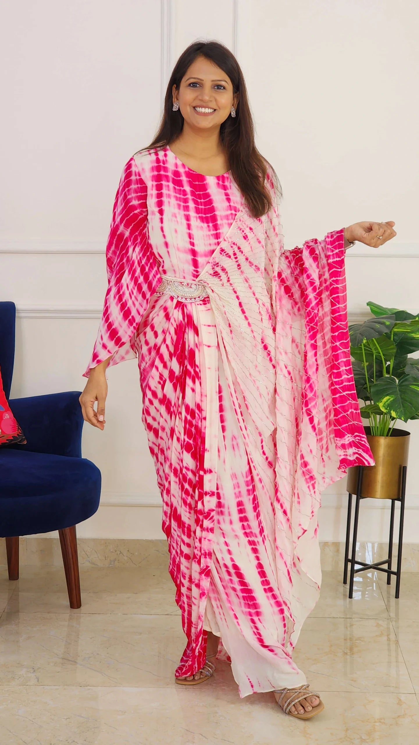 Pink Tie Dye One Side Cape Pattern with Belt
