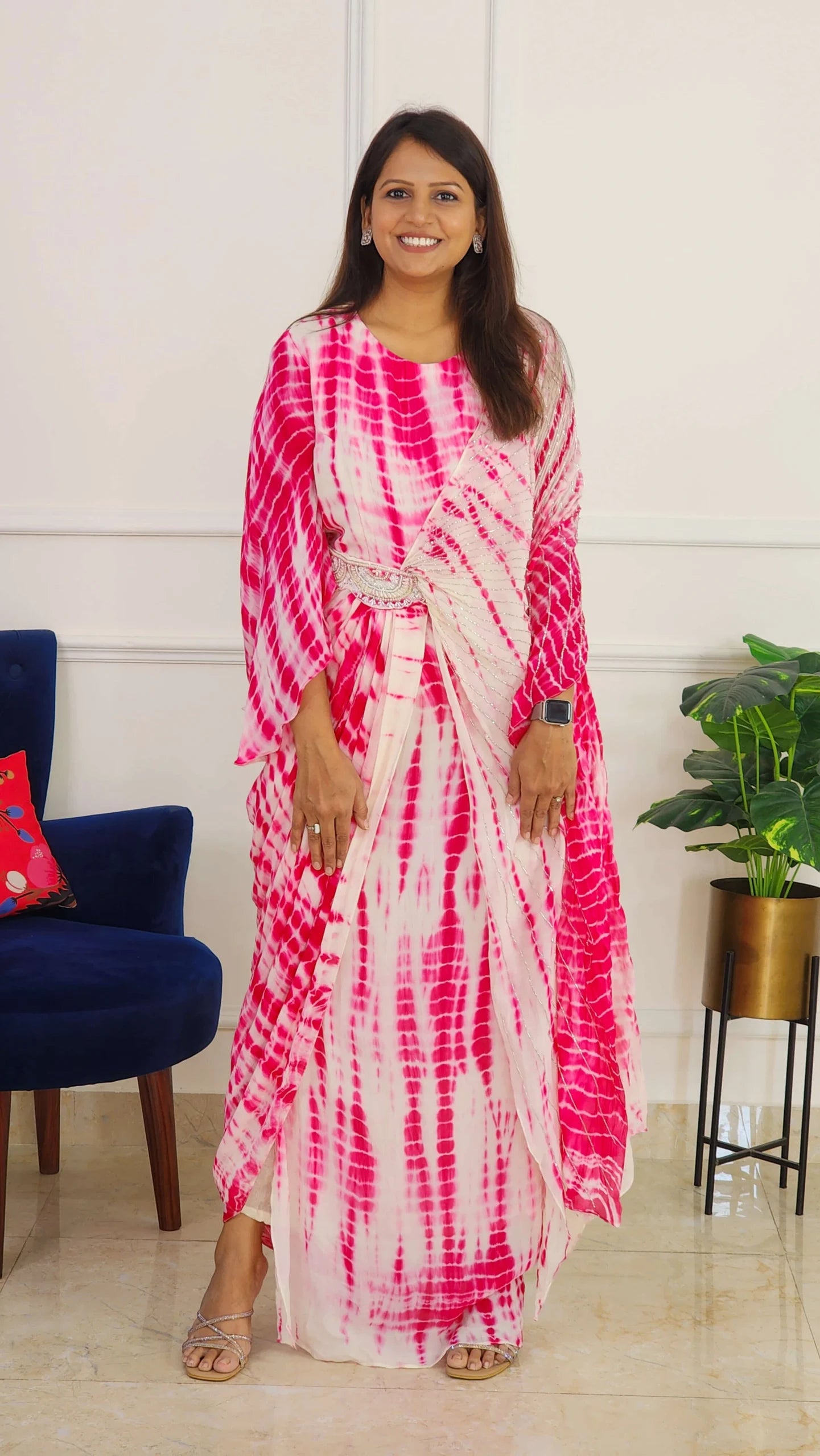 Pink Tie Dye One Side Cape Pattern with Belt