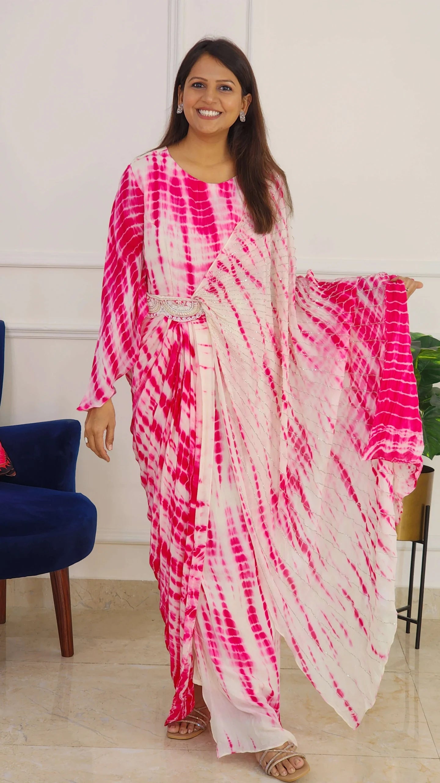 Pink Tie Dye One Side Cape Pattern with Belt