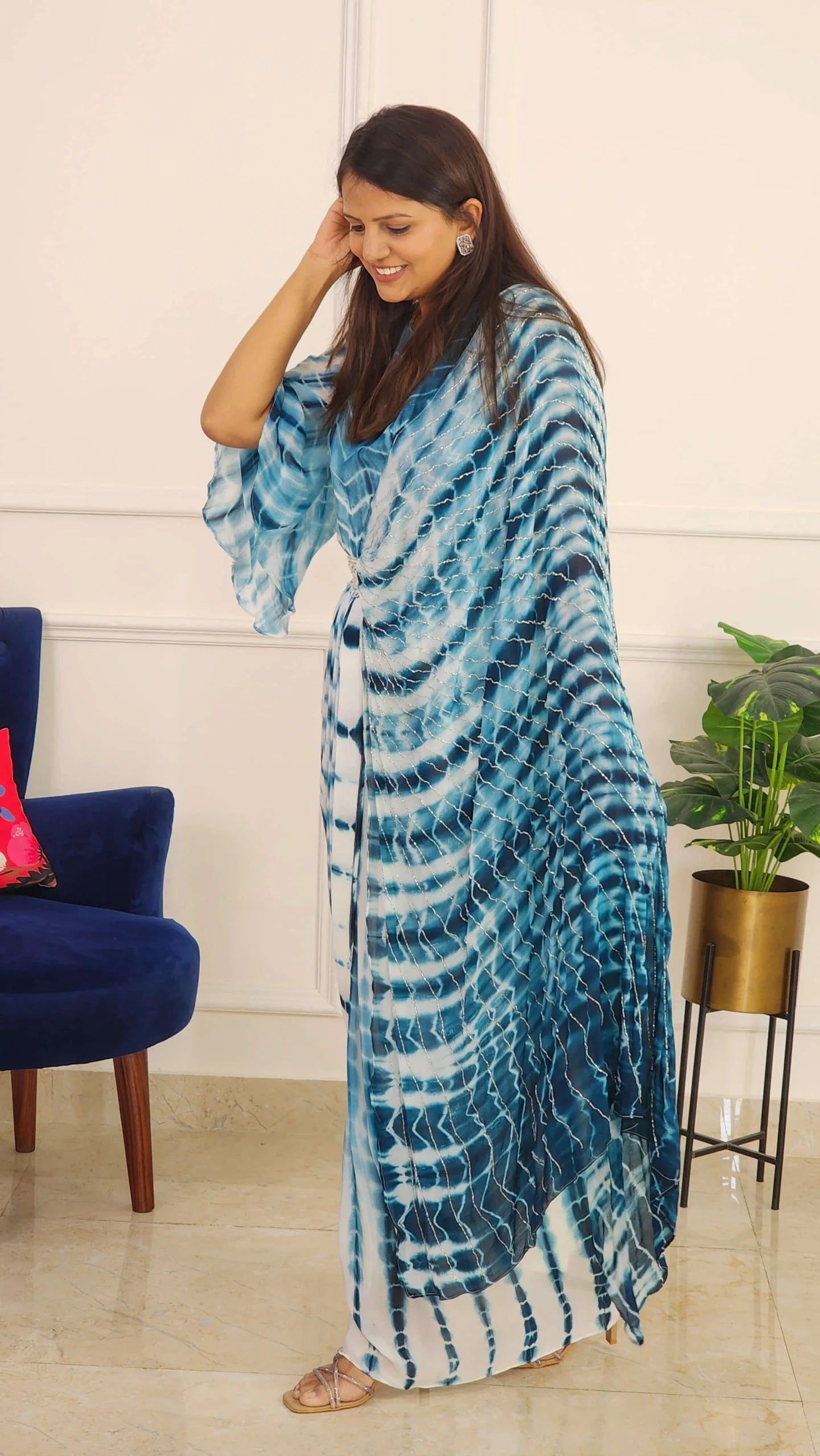 Blue Tie Dye One Side Cape Pattern with Belt