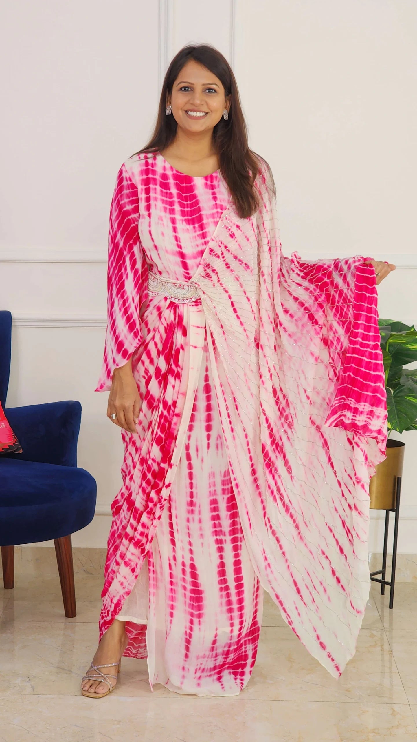 Pink Tie Dye One Side Cape Pattern with Belt