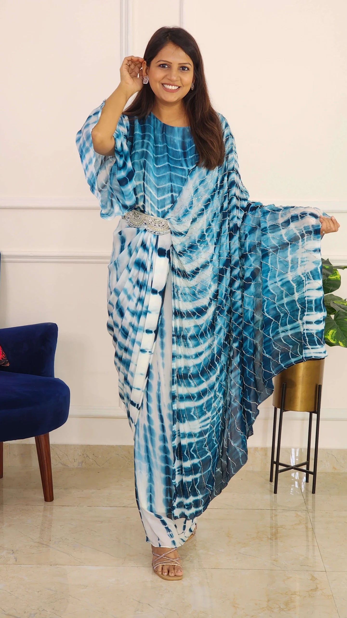 Blue Tie Dye One Side Cape Pattern with Belt
