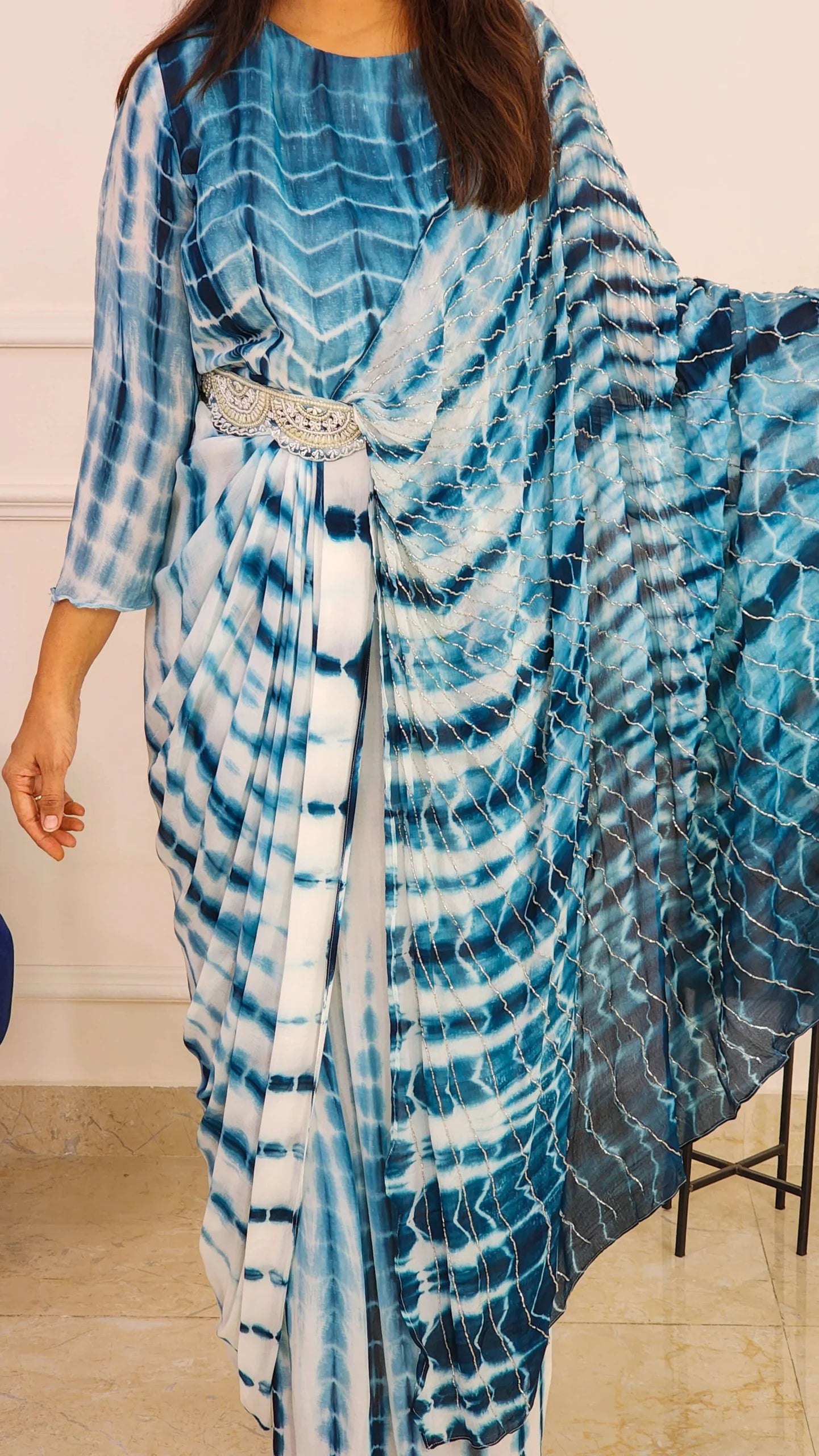 Blue Tie Dye One Side Cape Pattern with Belt