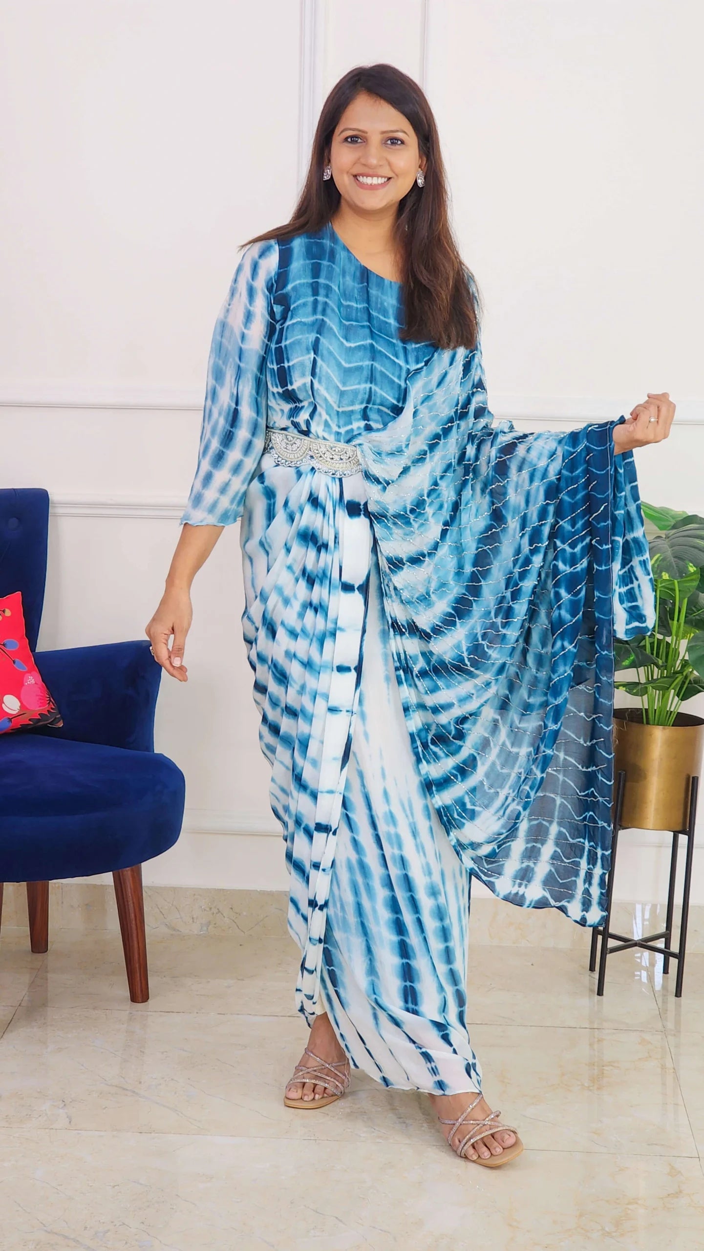 Blue Tie Dye One Side Cape Pattern with Belt