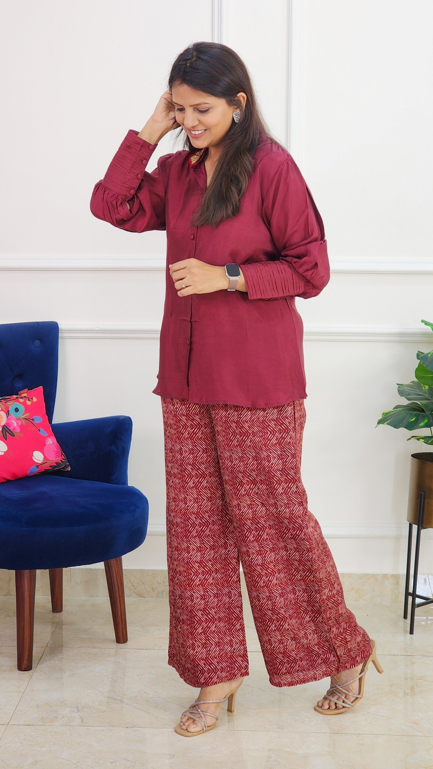 Maroon Crepe Co Ord Set With Collar Detailing