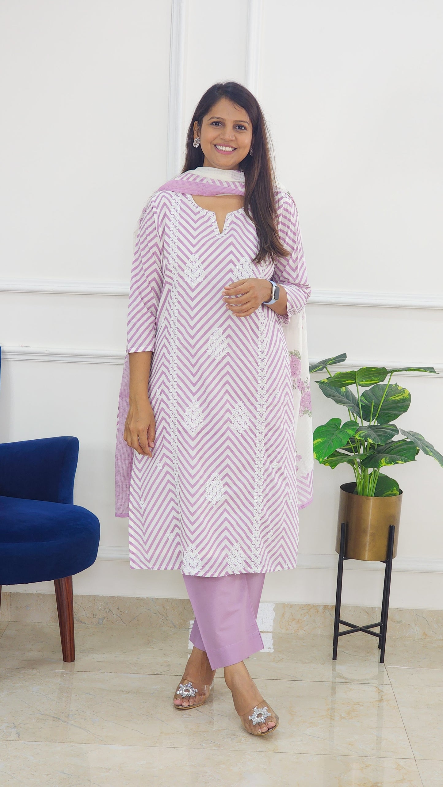 Lilac Embroidered Leheriya Kurta Set with Block Doriya Dupatta