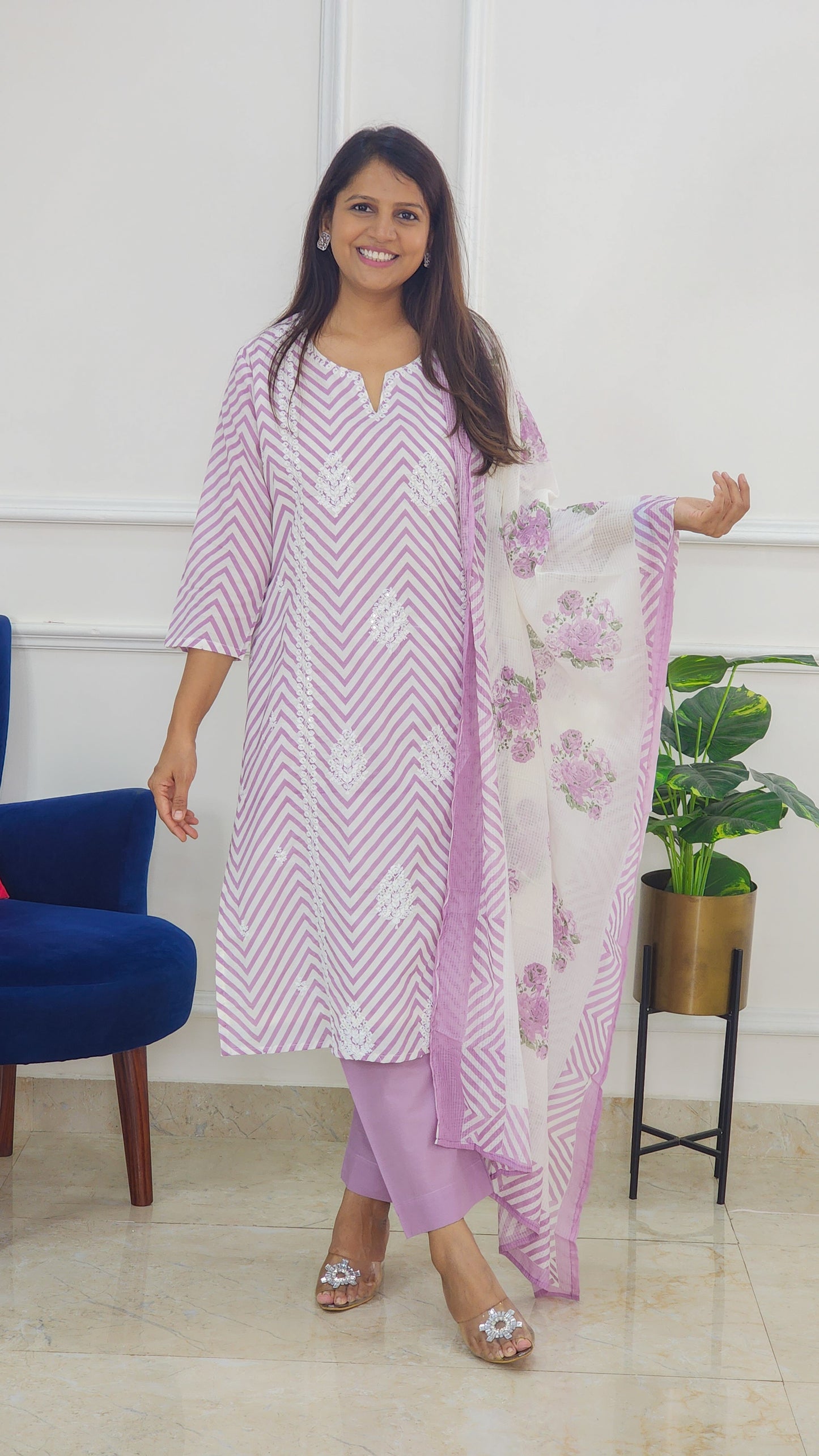 Lilac Embroidered Leheriya Kurta Set with Block Doriya Dupatta
