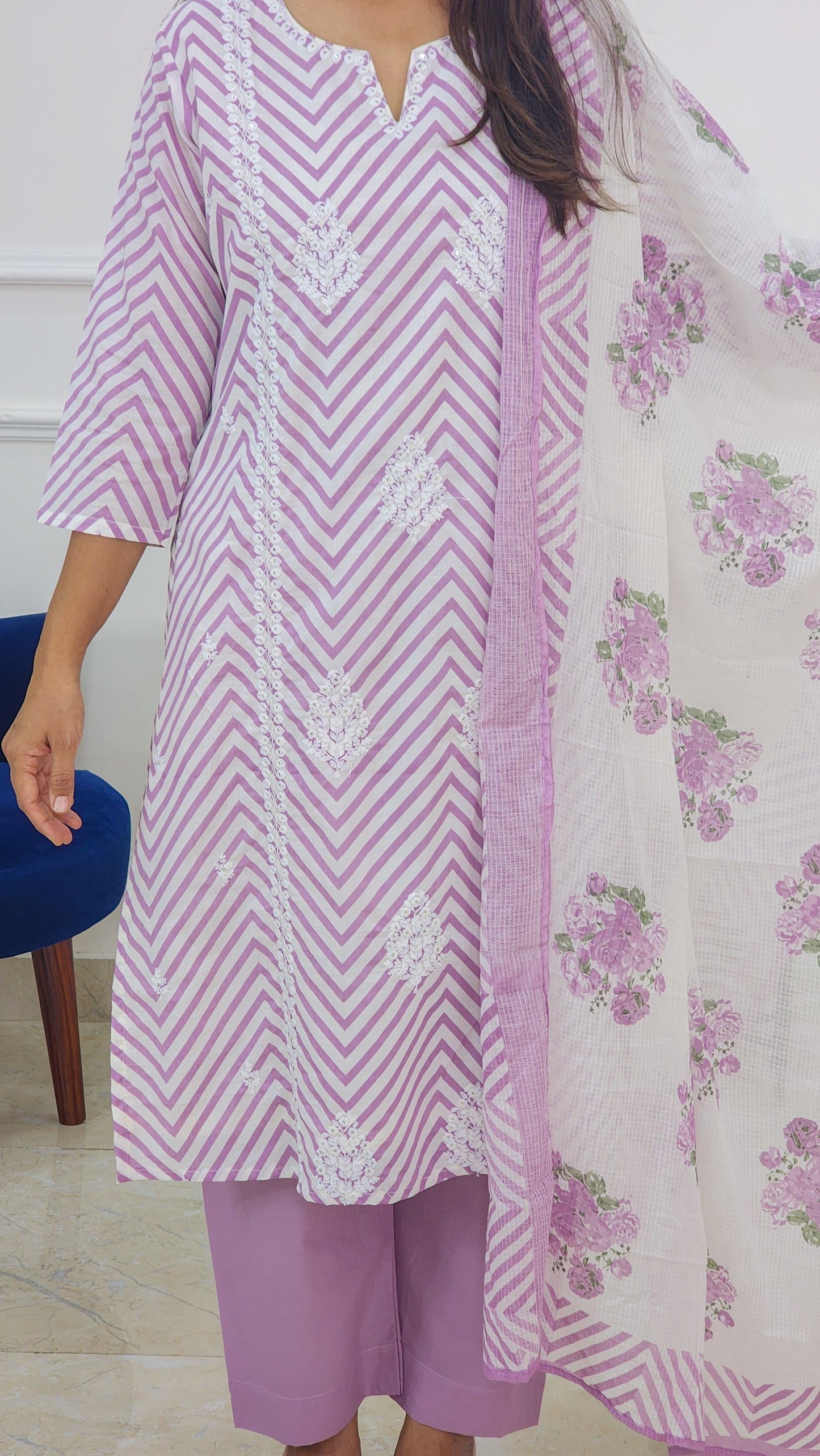 Lilac Embroidered Leheriya Kurta Set with Block Doriya Dupatta