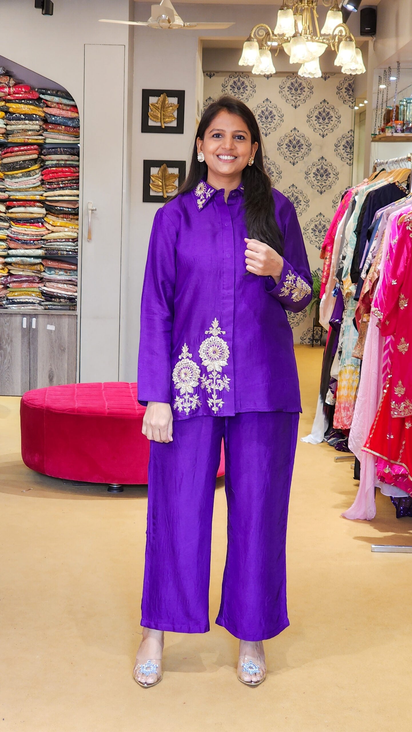 Purple Zardosi Hand Work Detailed Silk Co ord Set