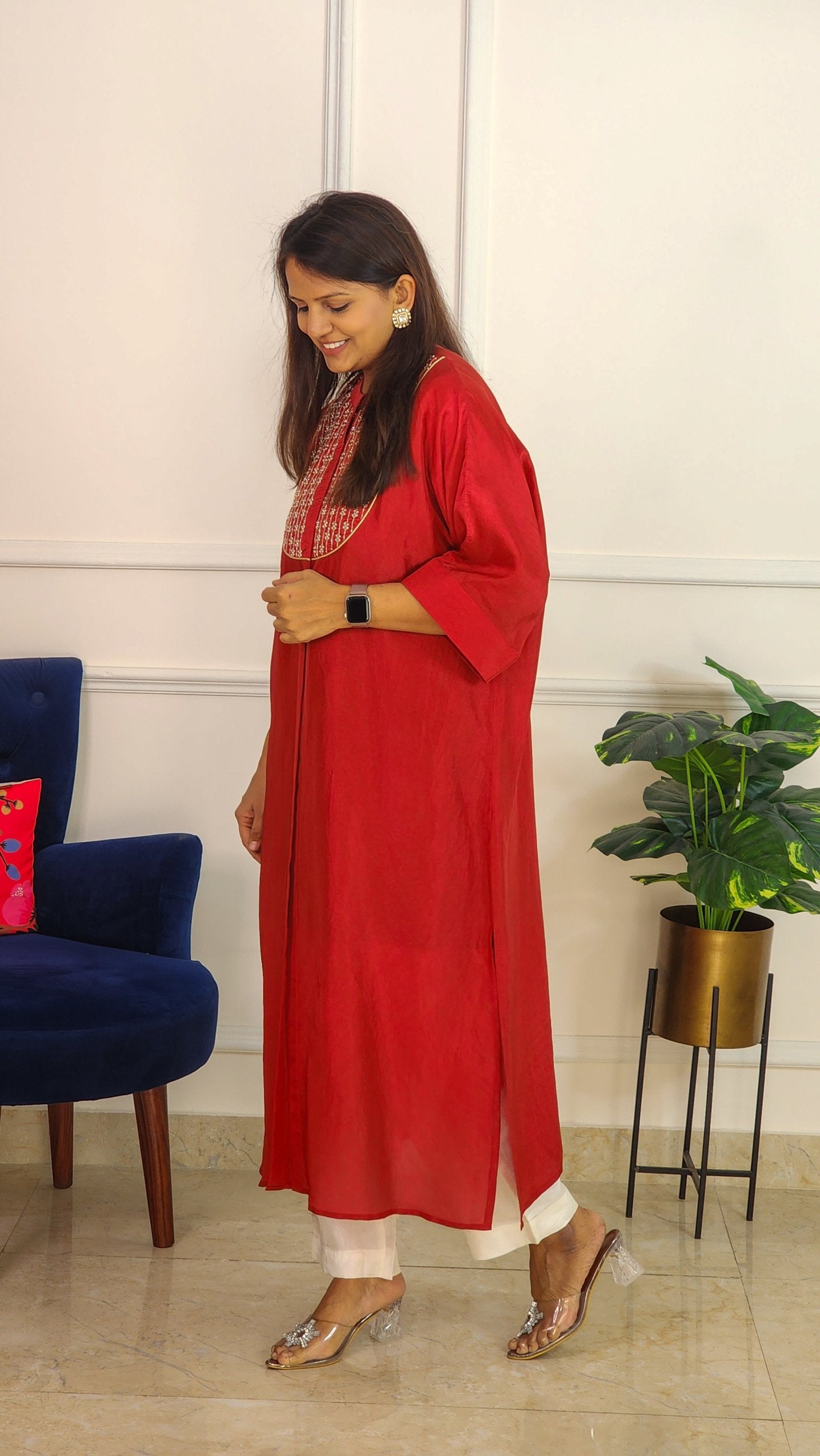 Cherry Red Mirror Yoke Kaftan Set
