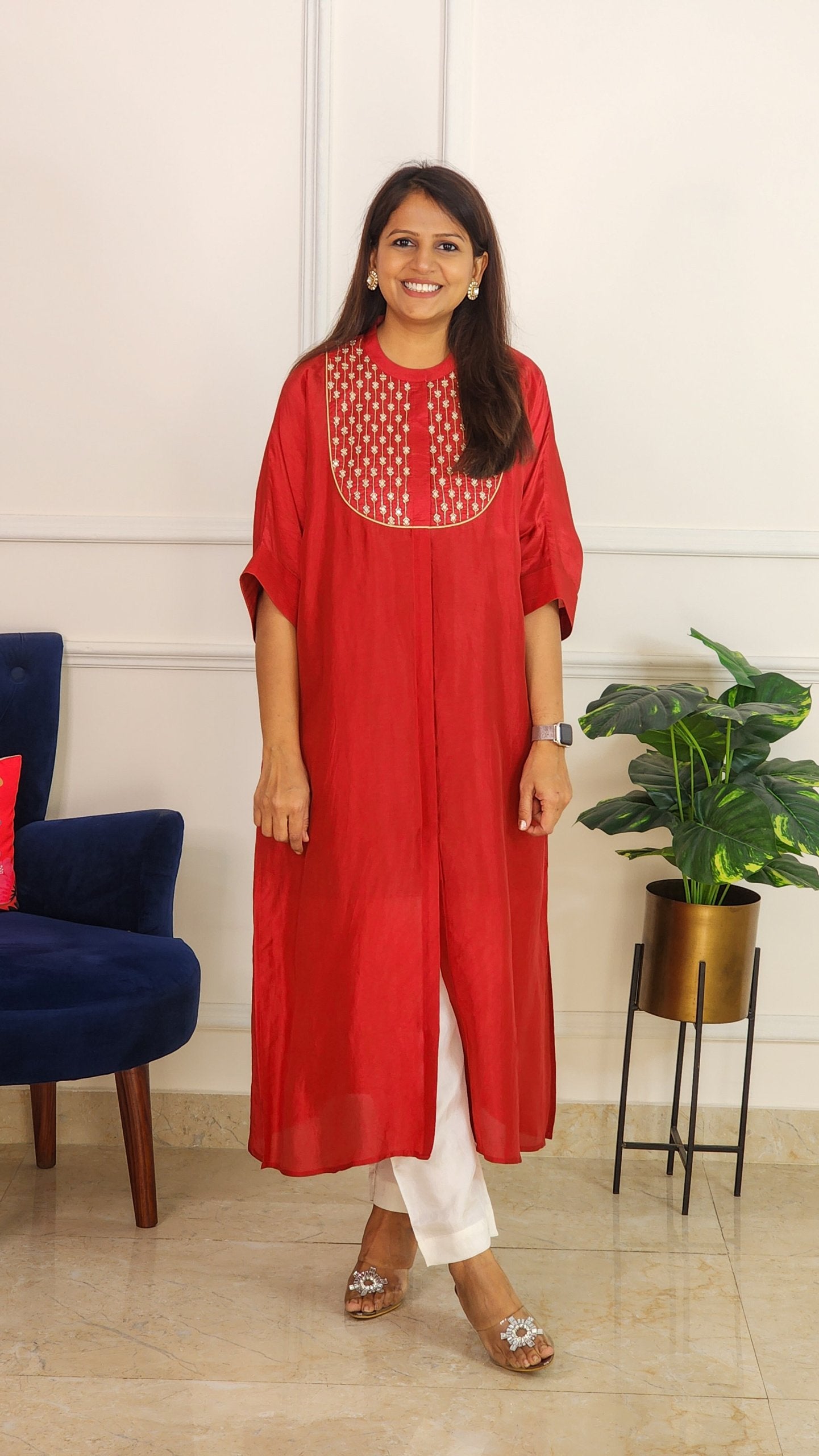 Cherry Red Mirror Yoke Kaftan Set