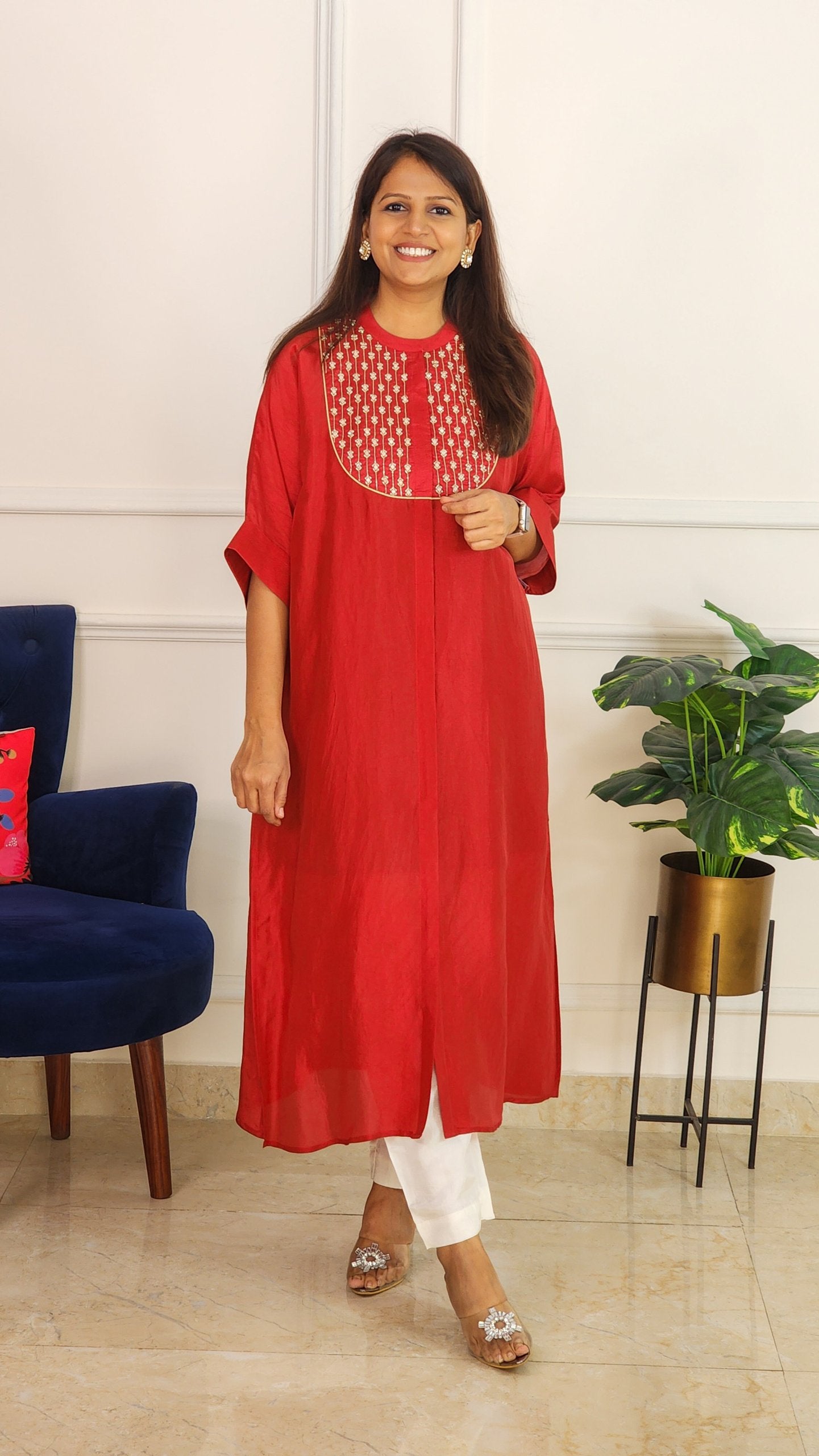 Cherry Red Mirror Yoke Kaftan Set