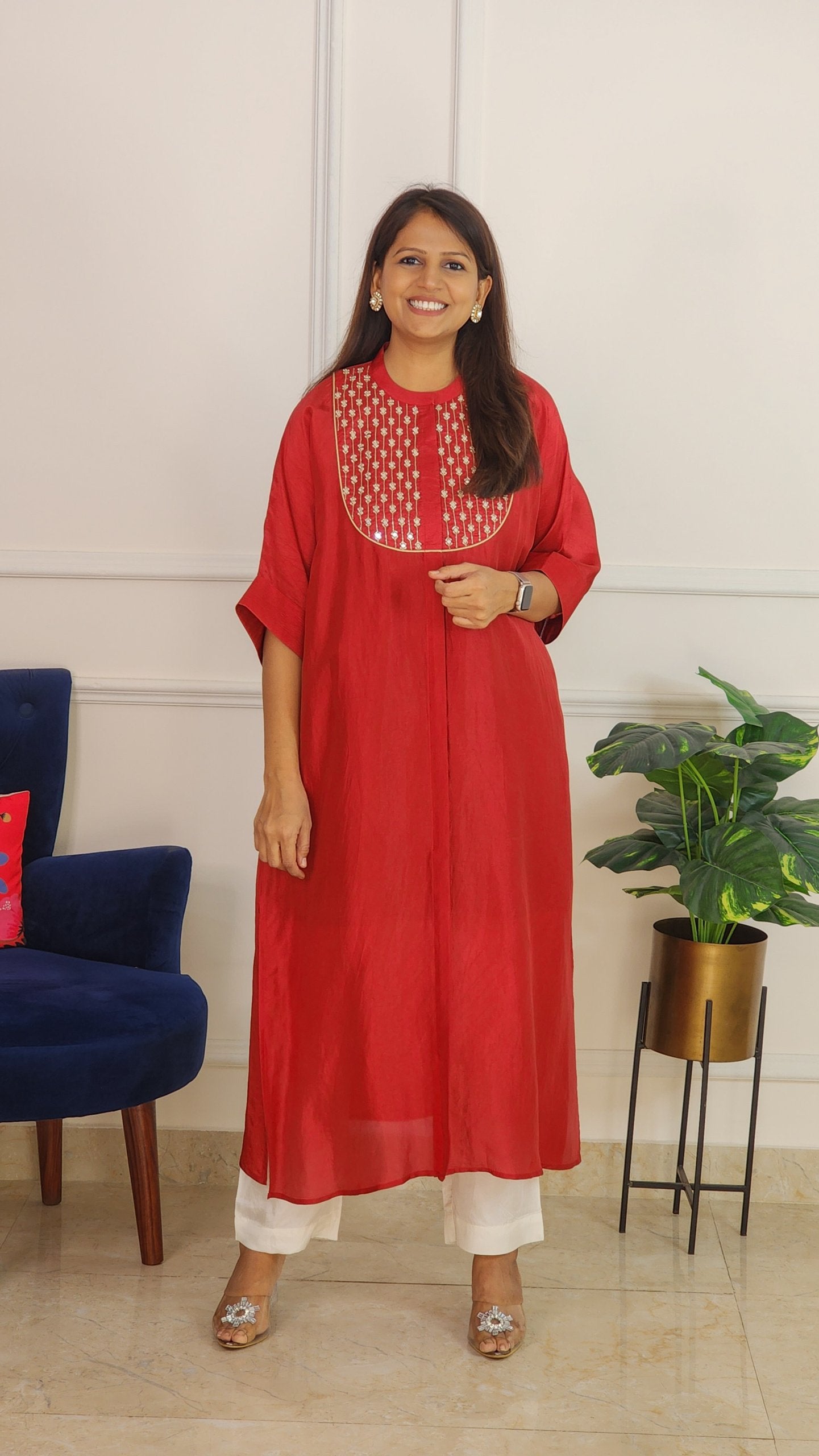 Cherry Red Mirror Yoke Kaftan Set