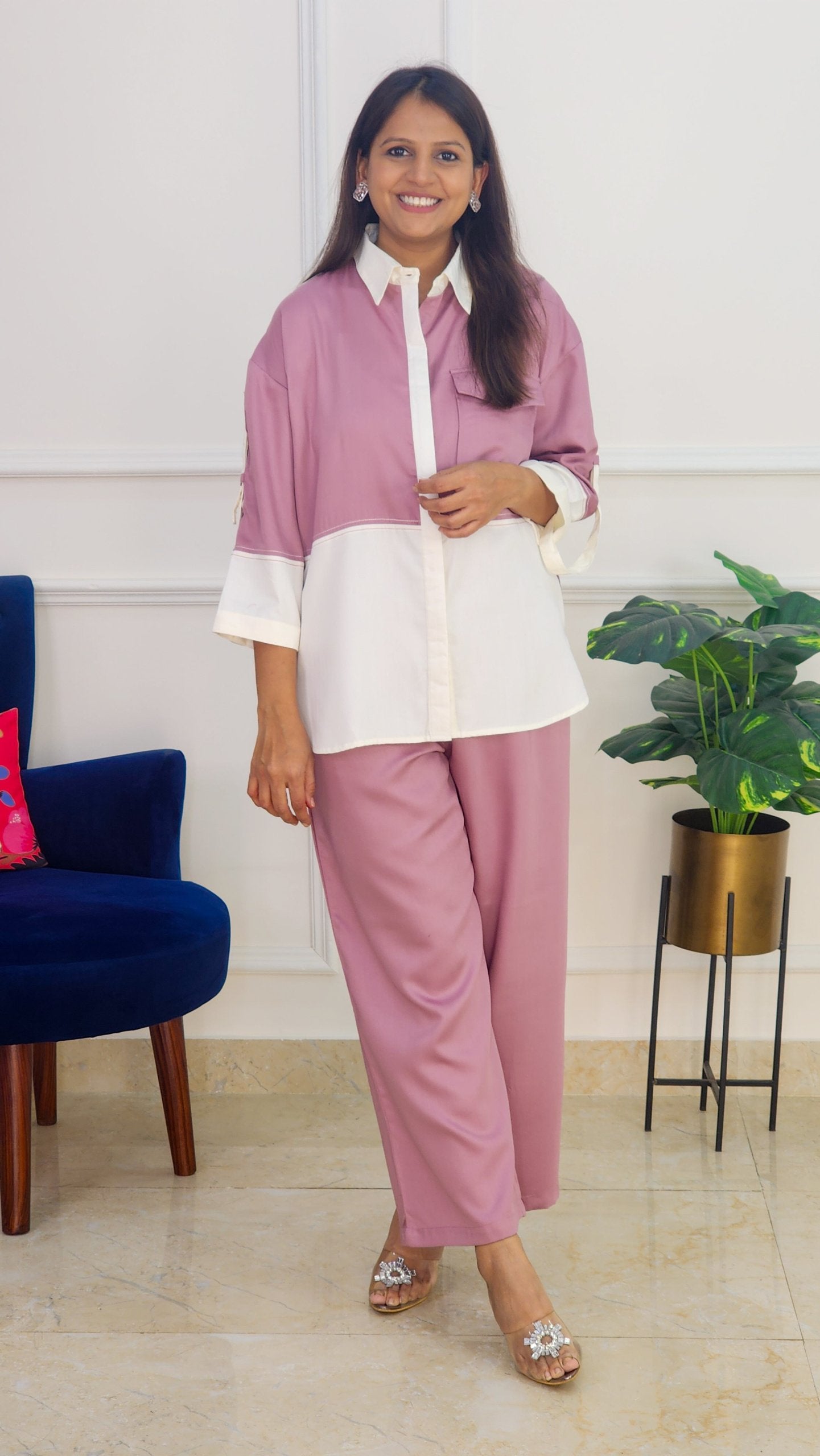 Mauve Cotton Satin Solid Co Ord Set