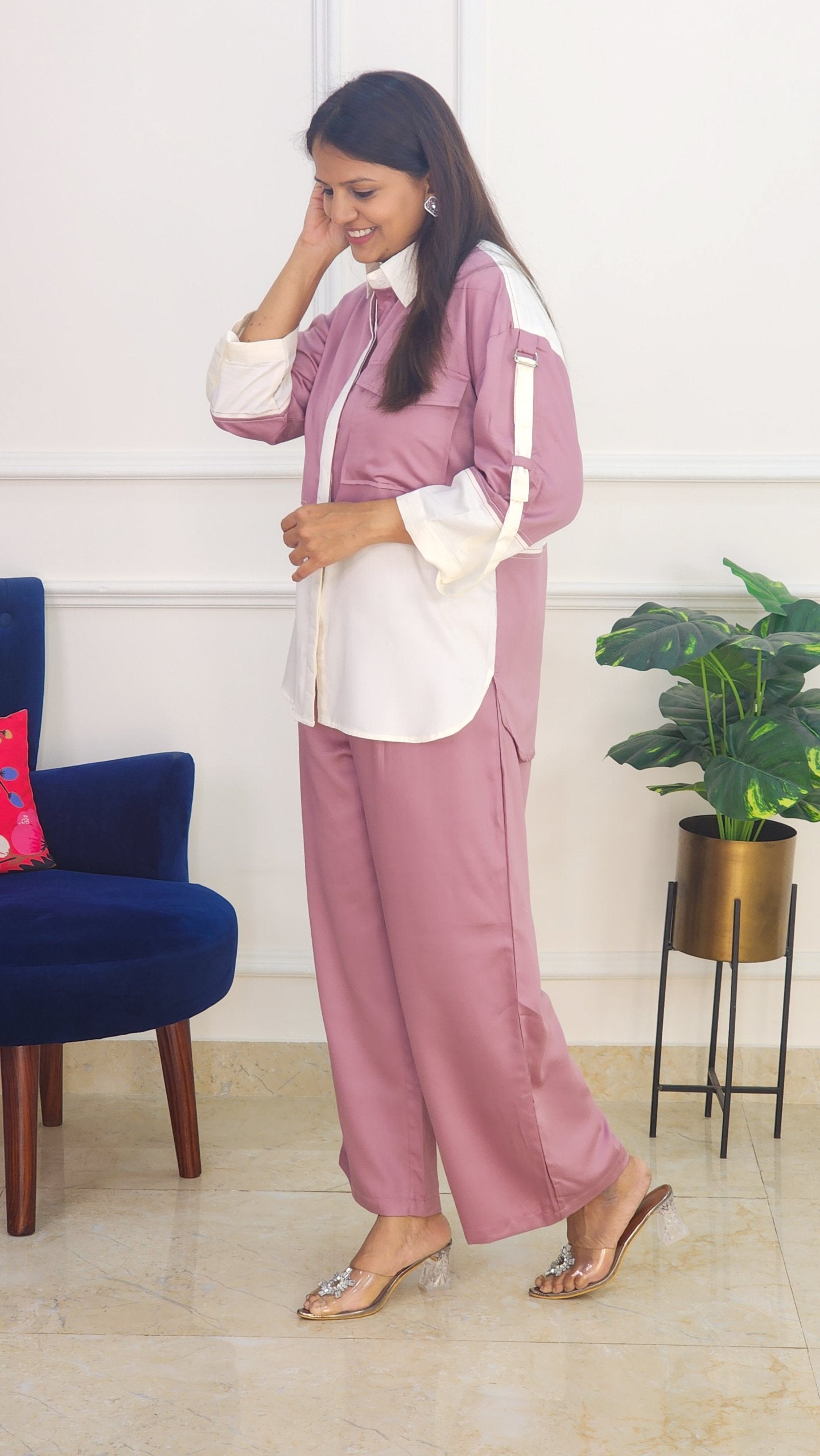 Mauve Cotton Satin Solid Co Ord Set