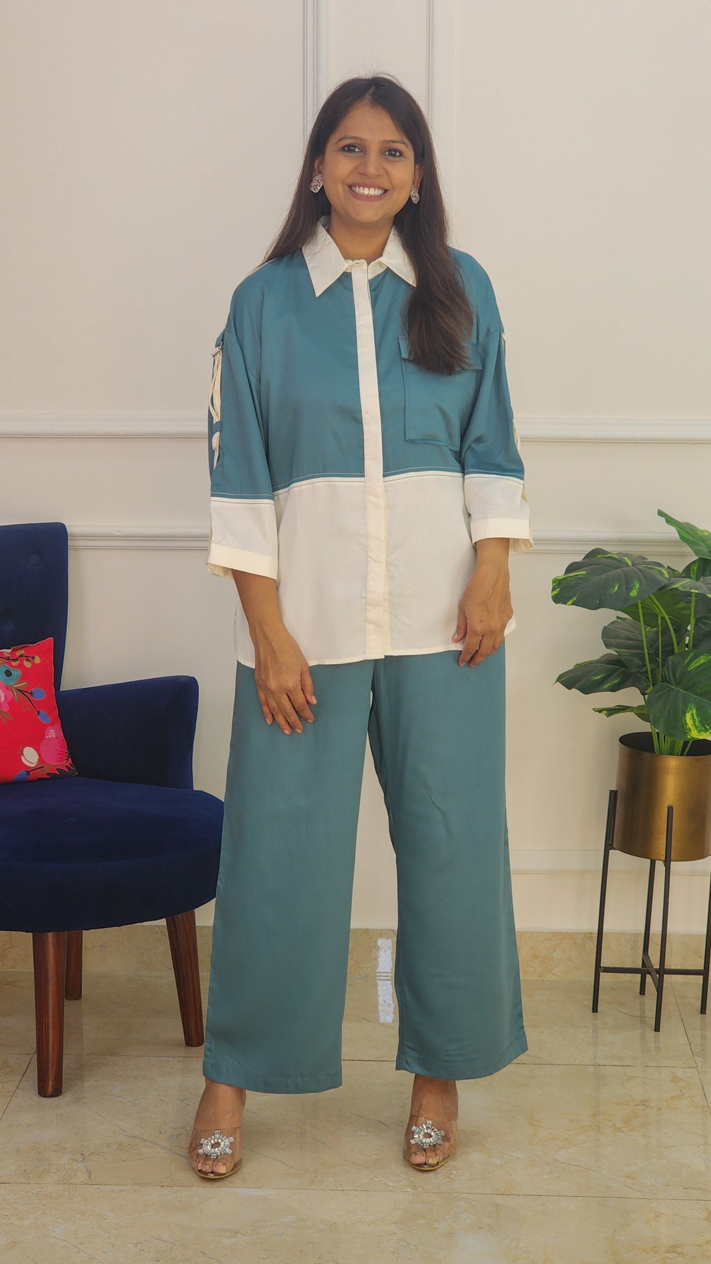 Turquoise Cotton Satin Solid Co Ord Set