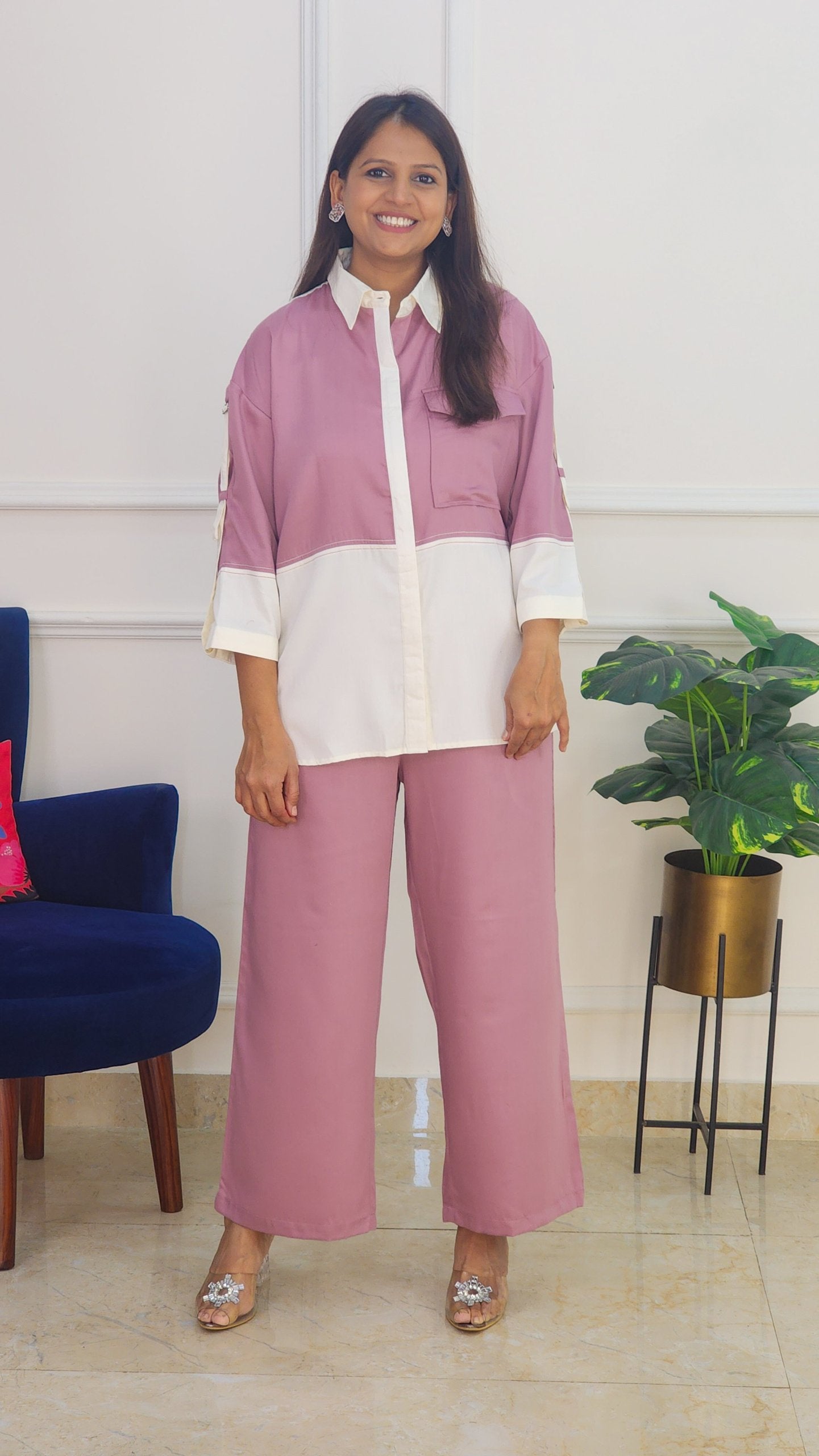 Mauve Cotton Satin Solid Co Ord Set