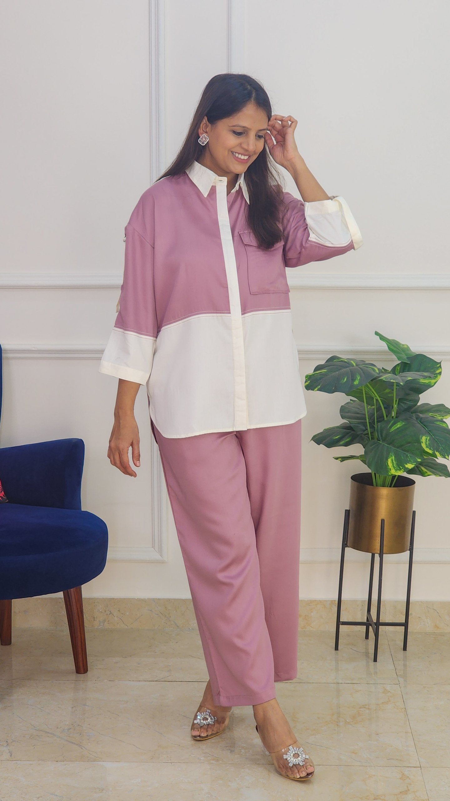 Mauve Cotton Satin Solid Co Ord Set