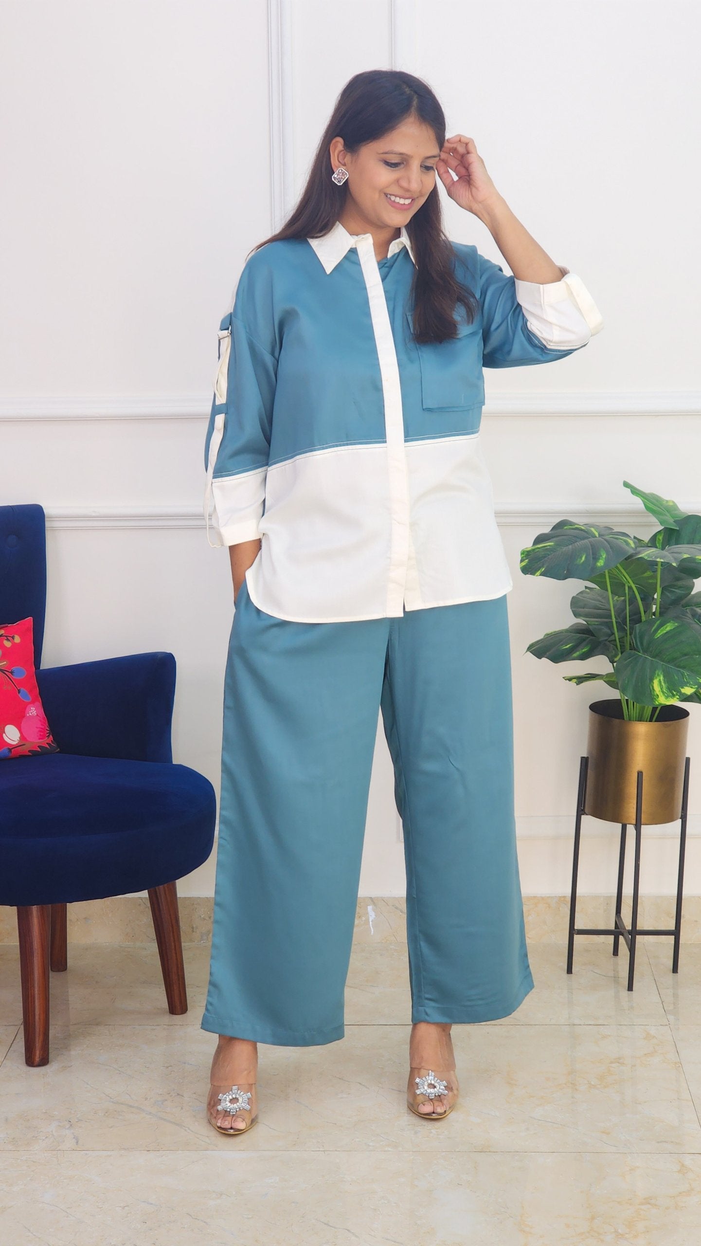Turquoise Cotton Satin Solid Co Ord Set