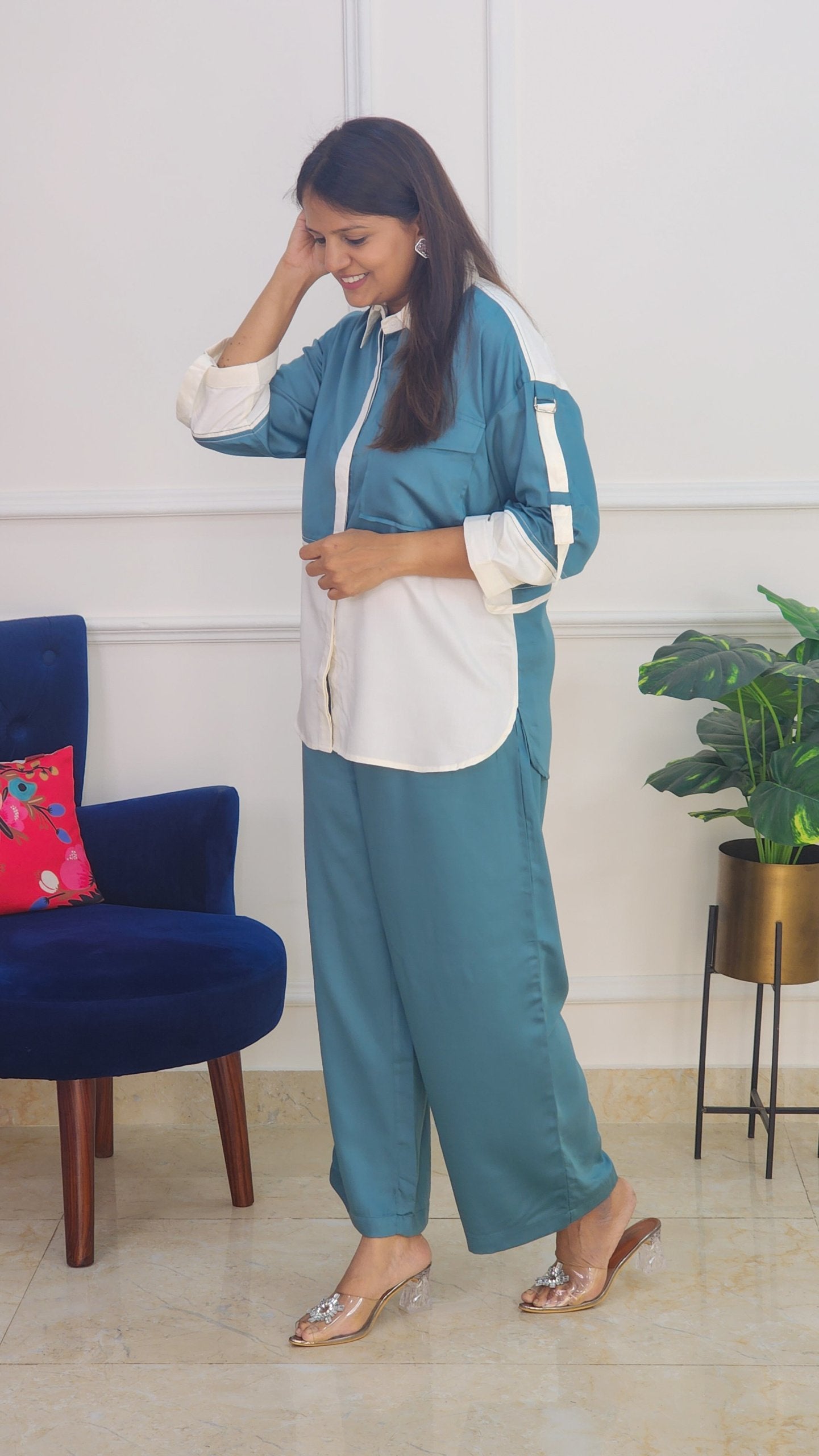 Turquoise Cotton Satin Solid Co Ord Set