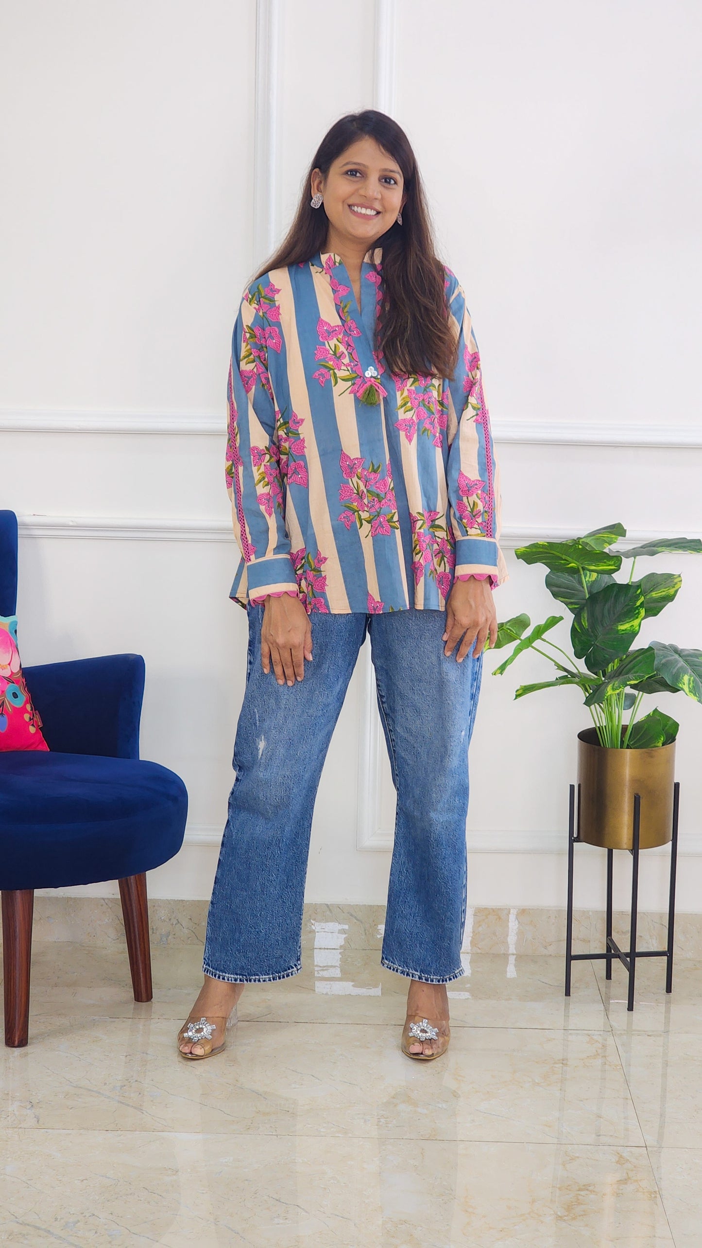 Blue Jaipuri block Shirts Top