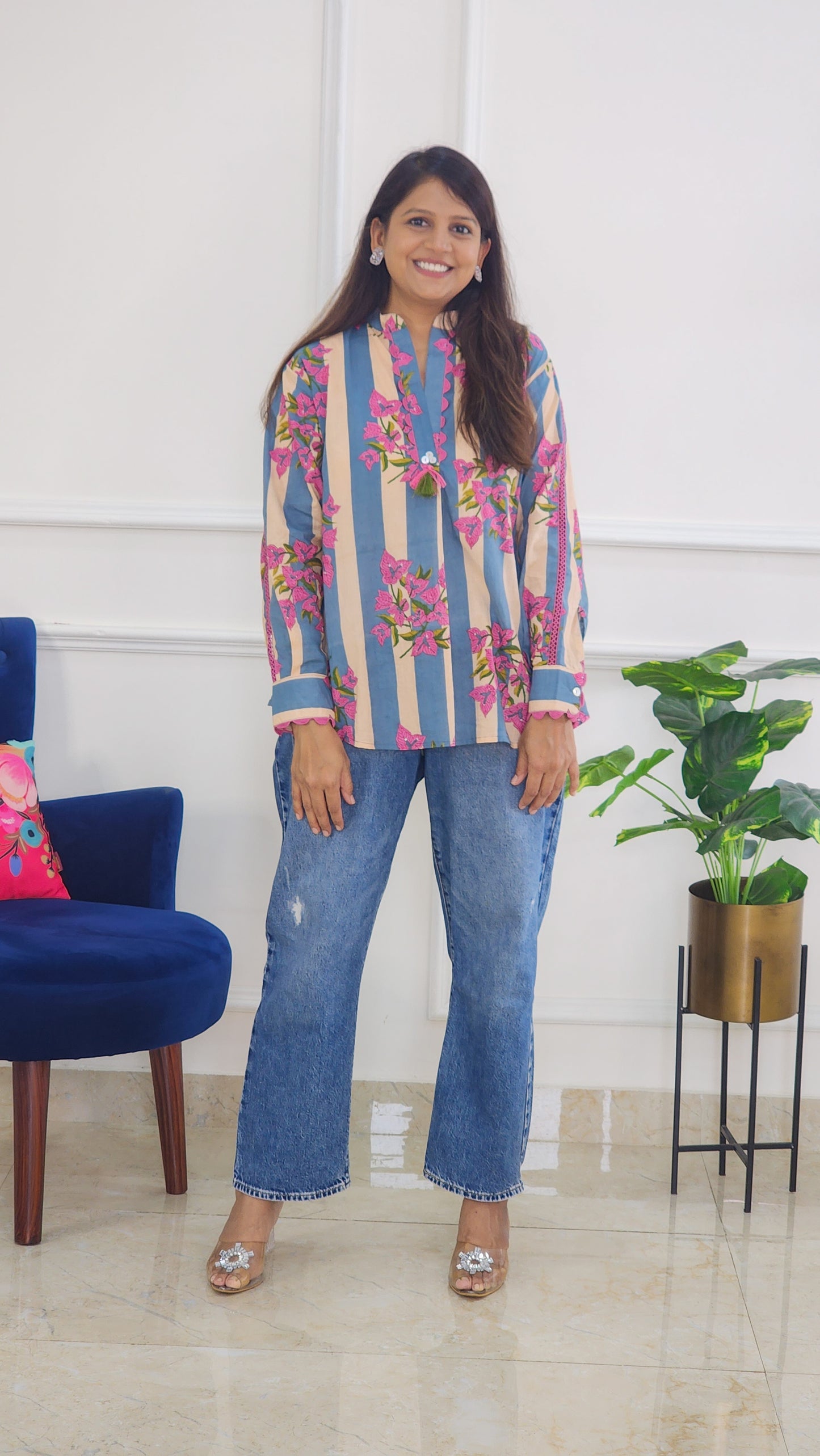 Blue Jaipuri block Shirts Top