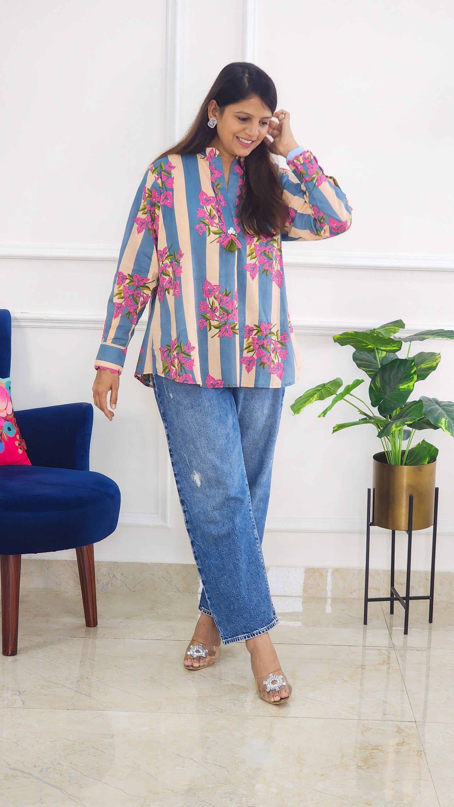 Blue Jaipuri block Shirts Top