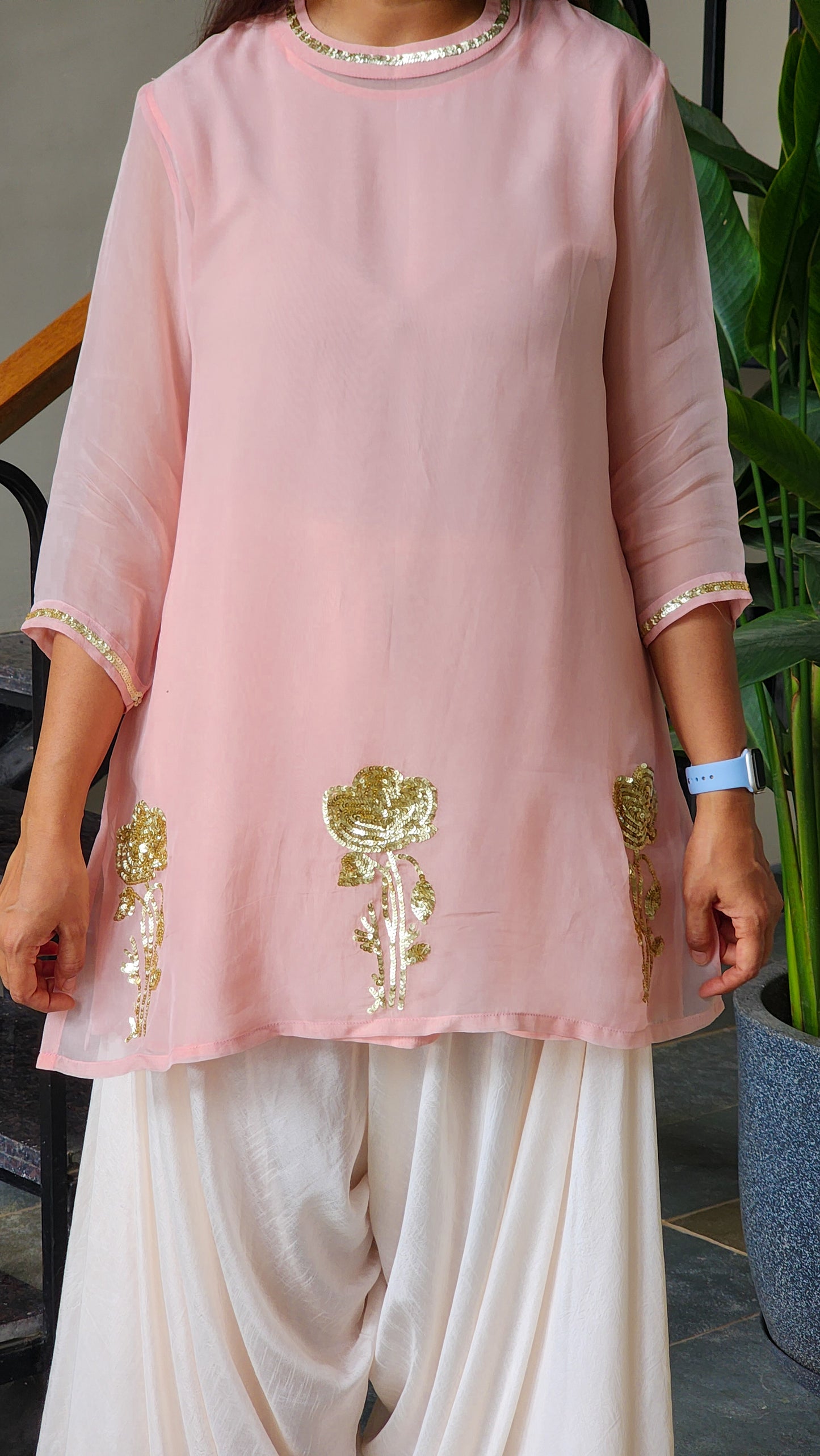 Pink Organza kurta with Loose Pants