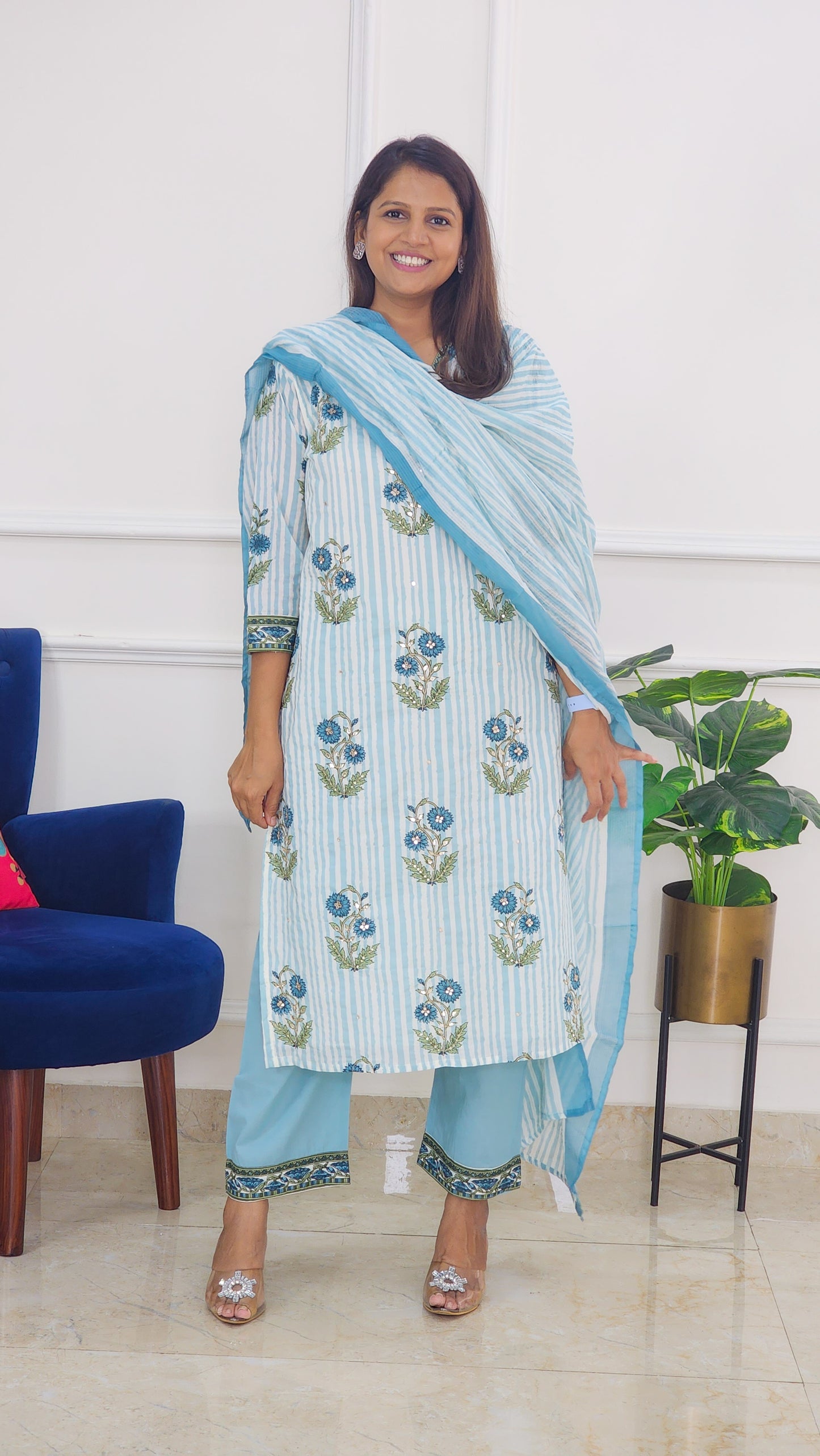 Blue Gulabo Block Print Kurta Set