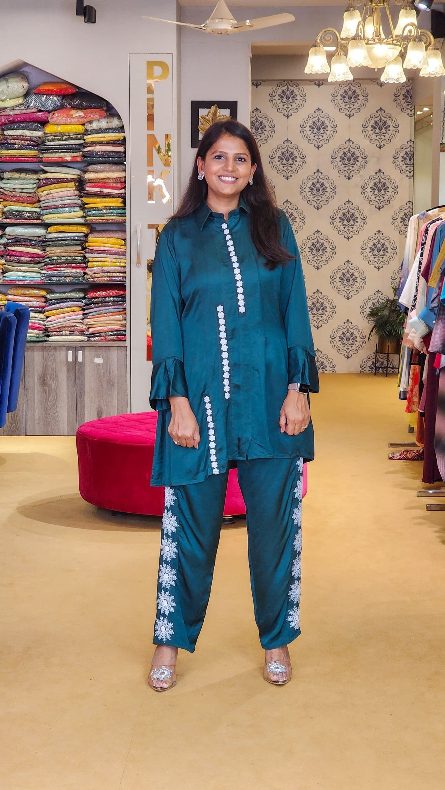 Teal Green Co Ord Set with Embroidery