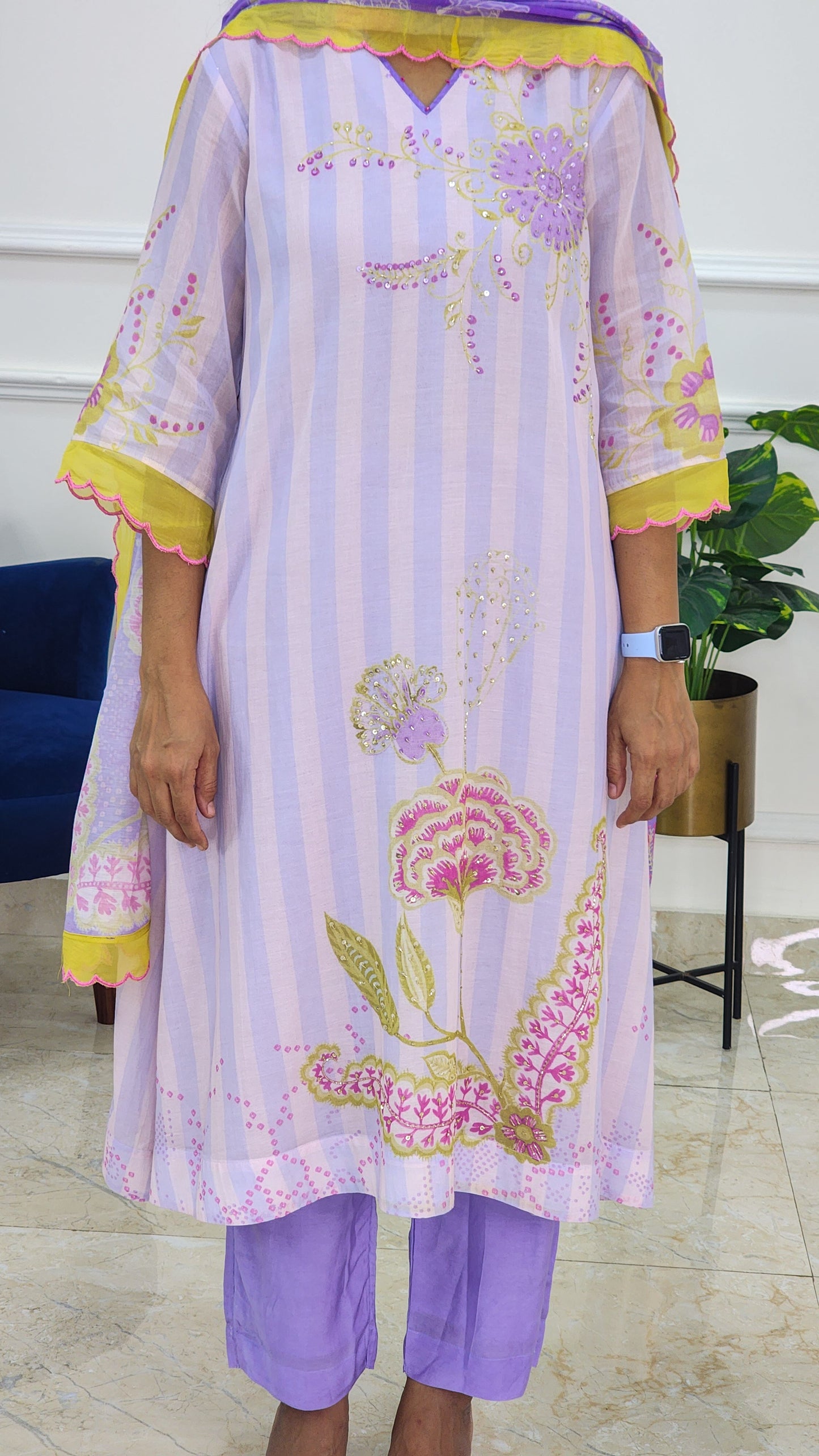 Lilac Stripe Embroidered Mul Chanderi Suit Set