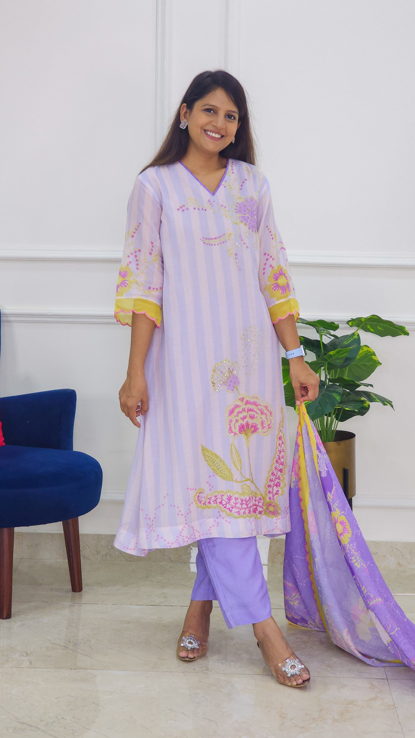 Lilac Stripe Embroidered Mul Chanderi Suit Set