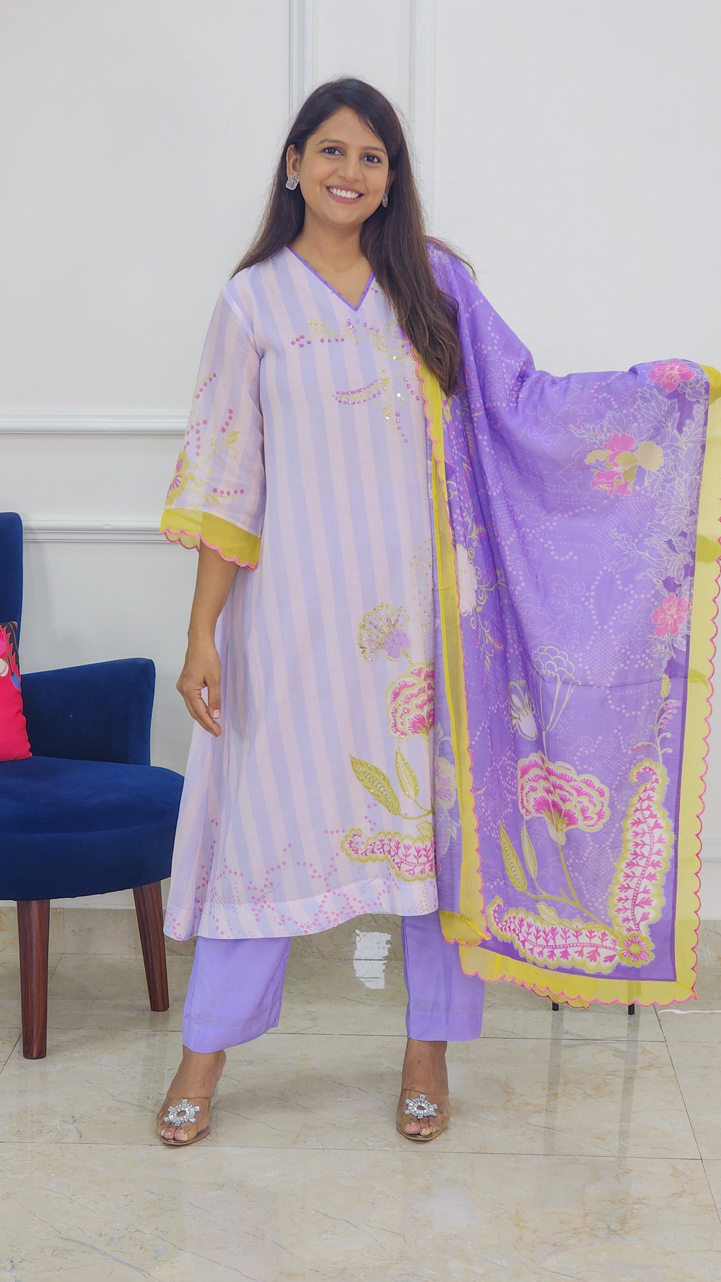 Lilac Stripe Embroidered Mul Chanderi Suit Set