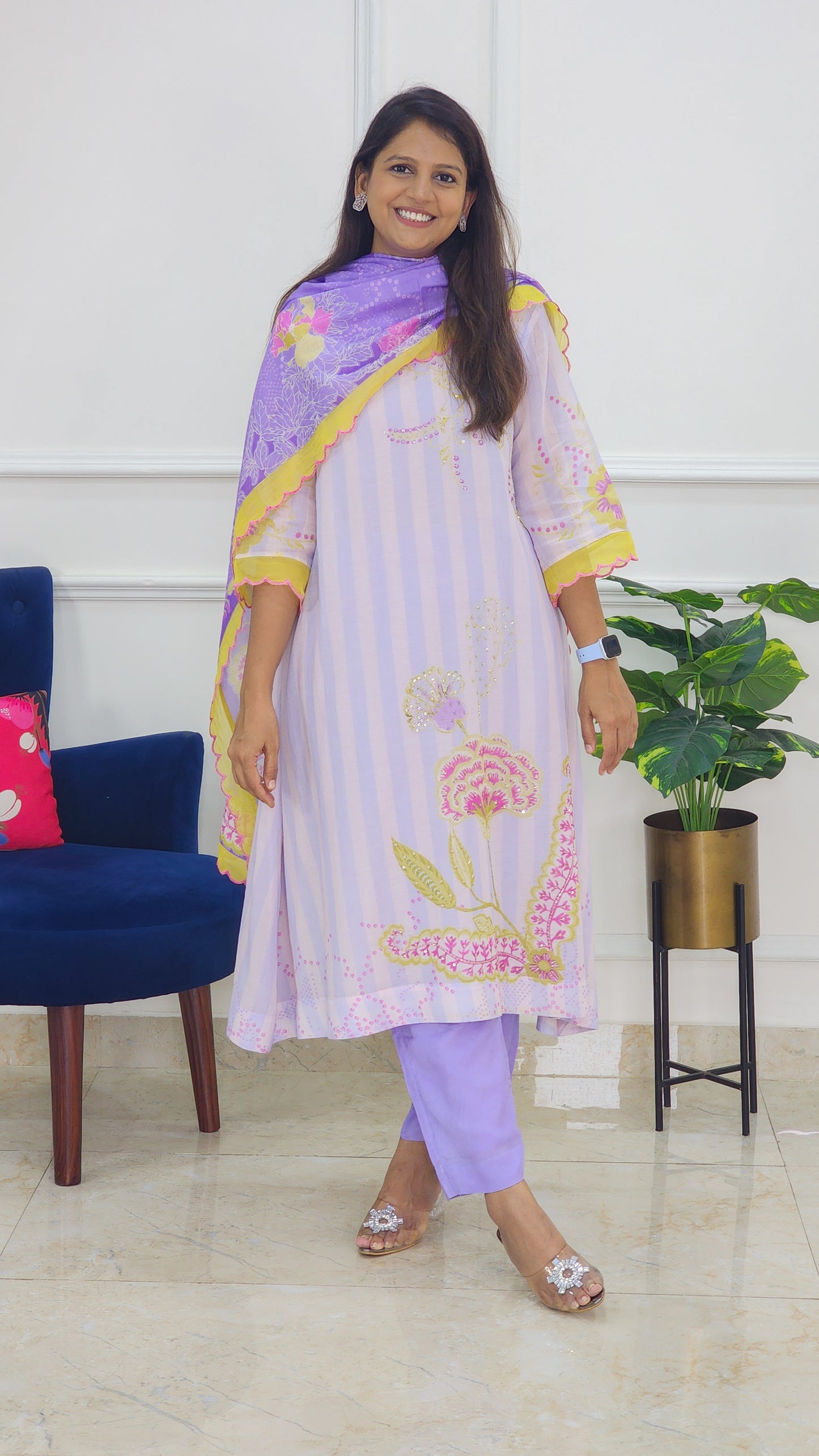 Lilac Stripe Embroidered Mul Chanderi Suit Set
