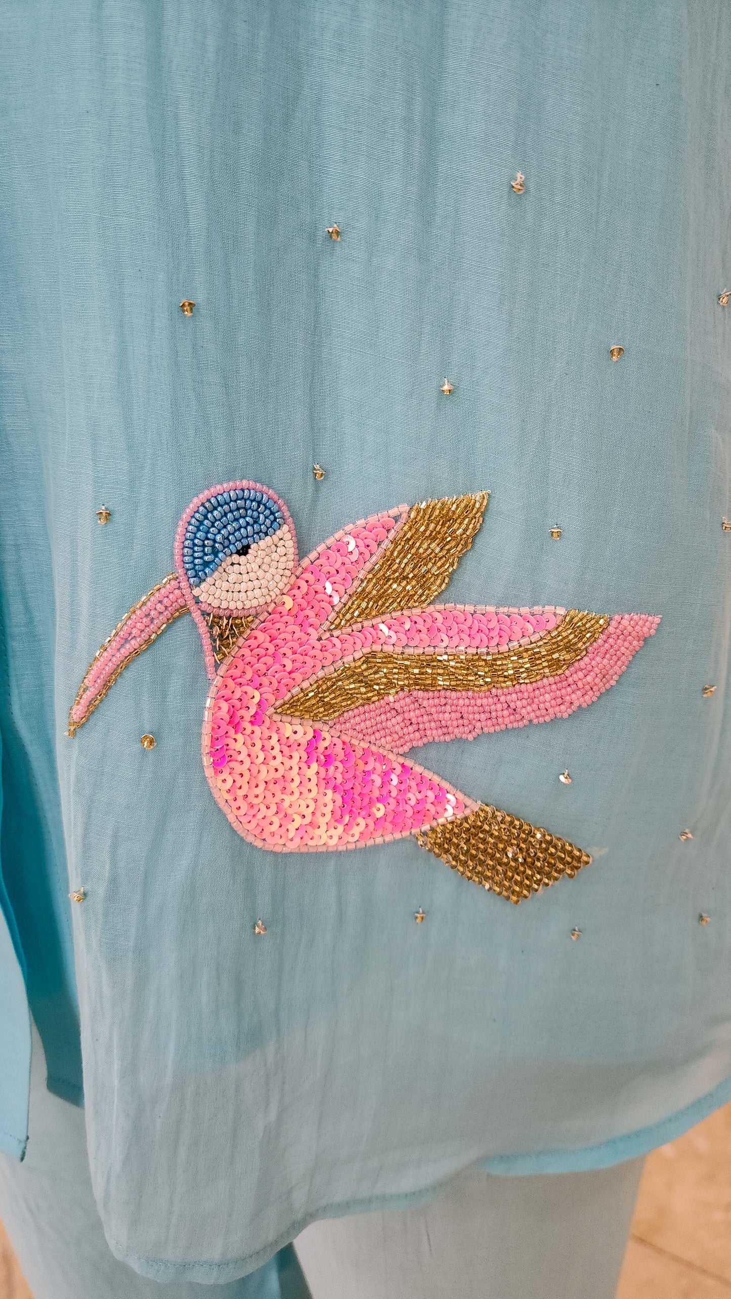 Sky Blue Bird Detailing Mul Chanderi Co Ord Set