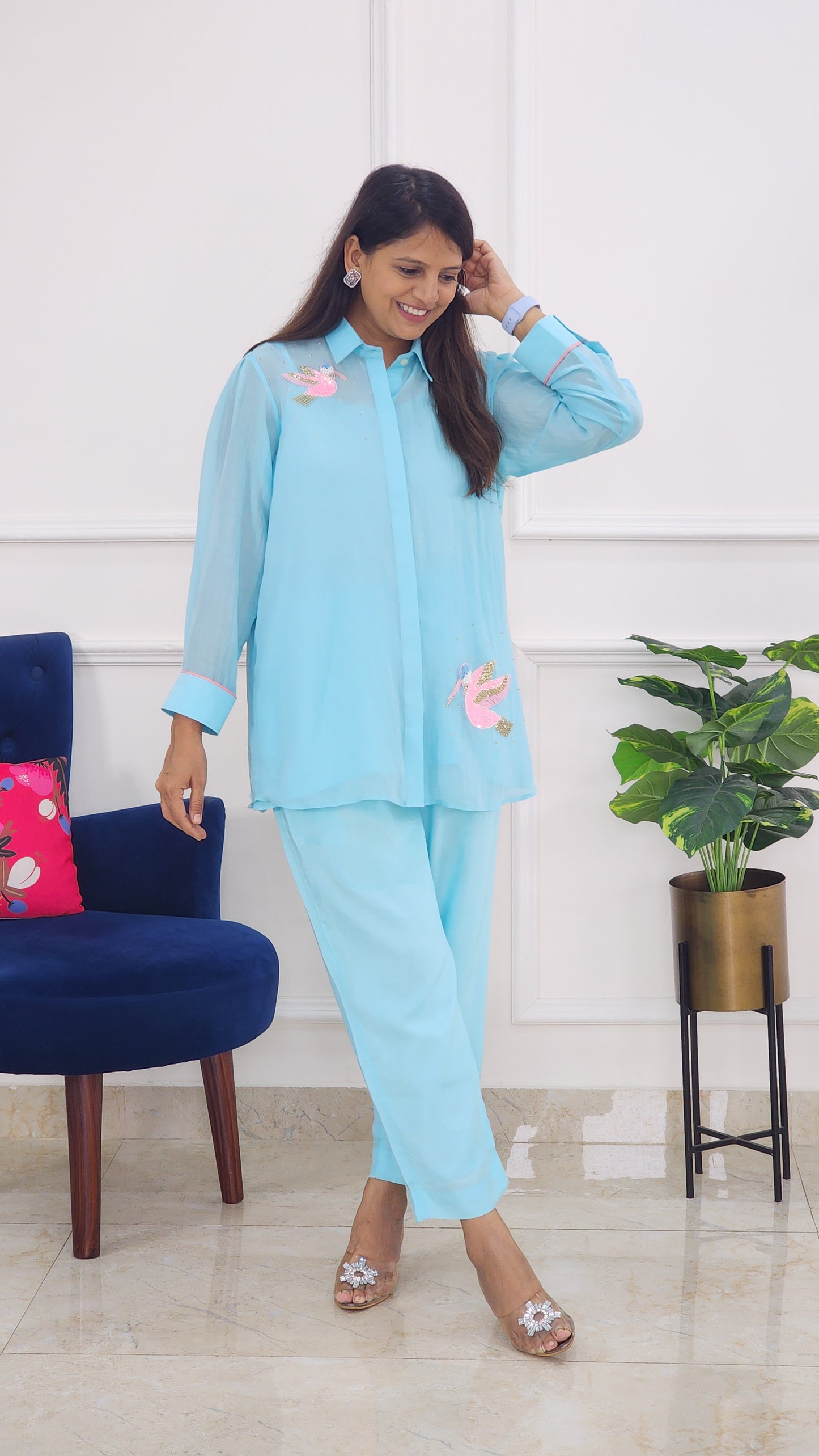 Sky Blue Bird Detailing Mul Chanderi Co Ord Set