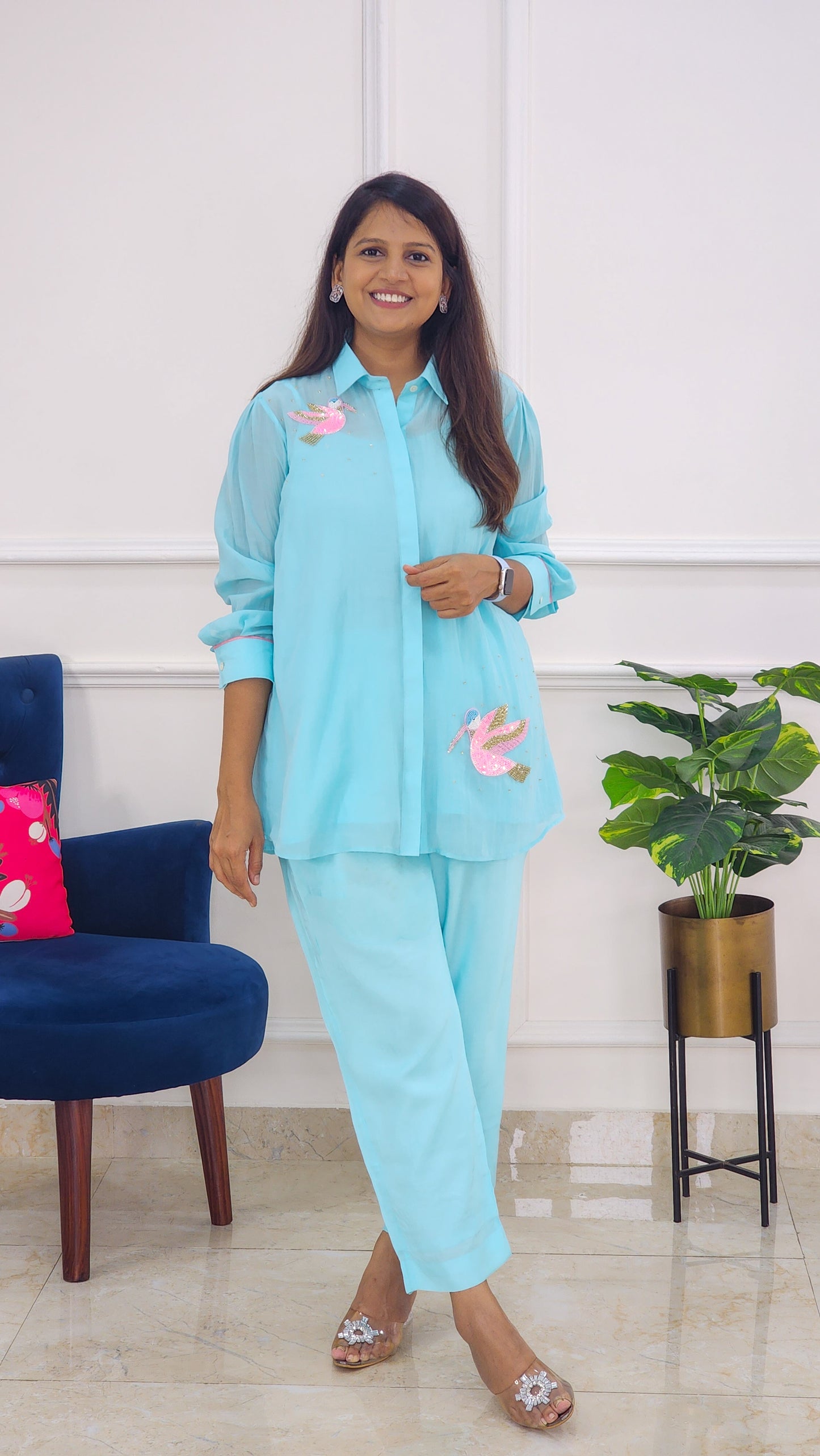 Sky Blue Bird Detailing Mul Chanderi Co Ord Set