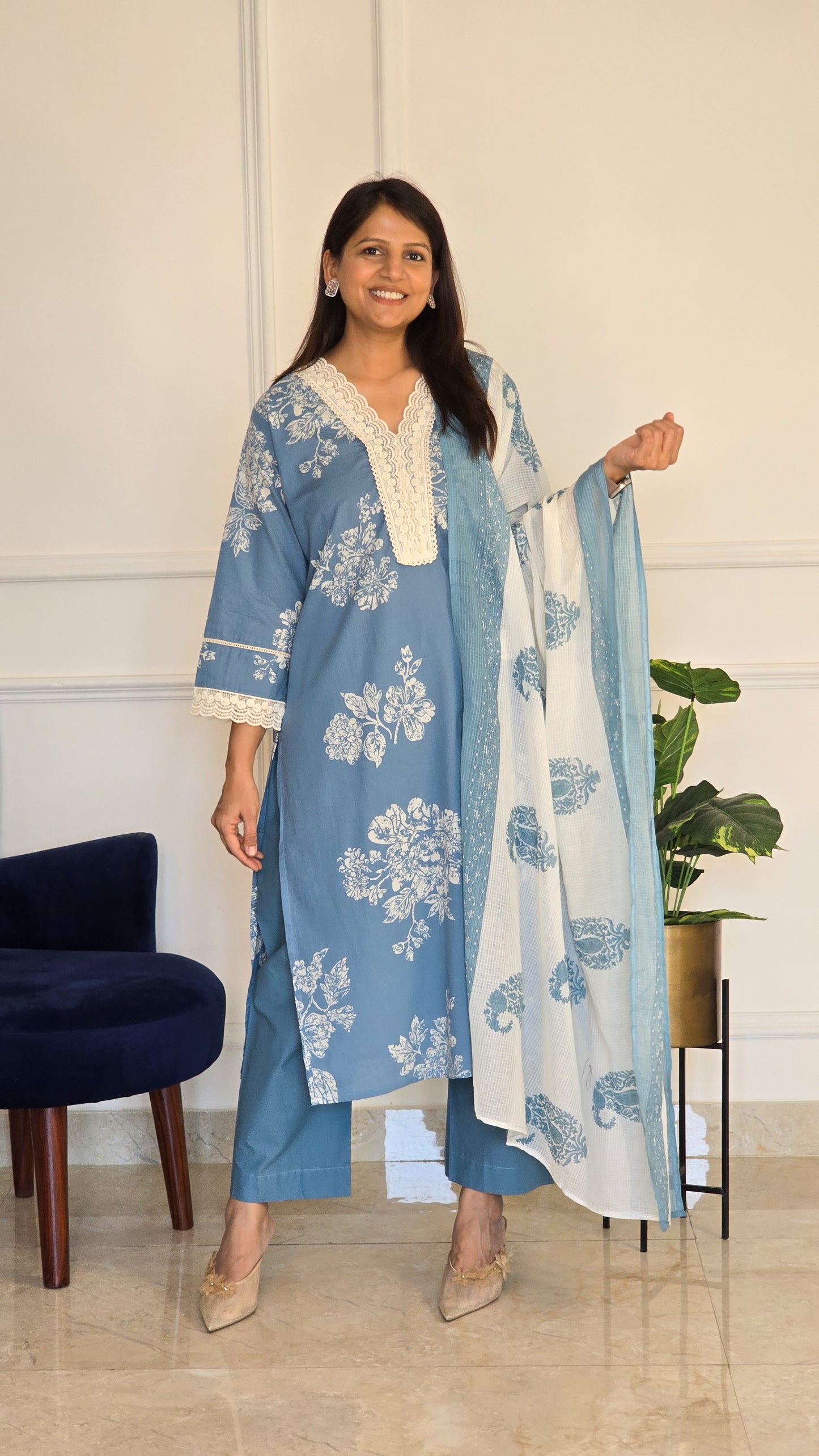 Blue Floral Lace Kurta Set