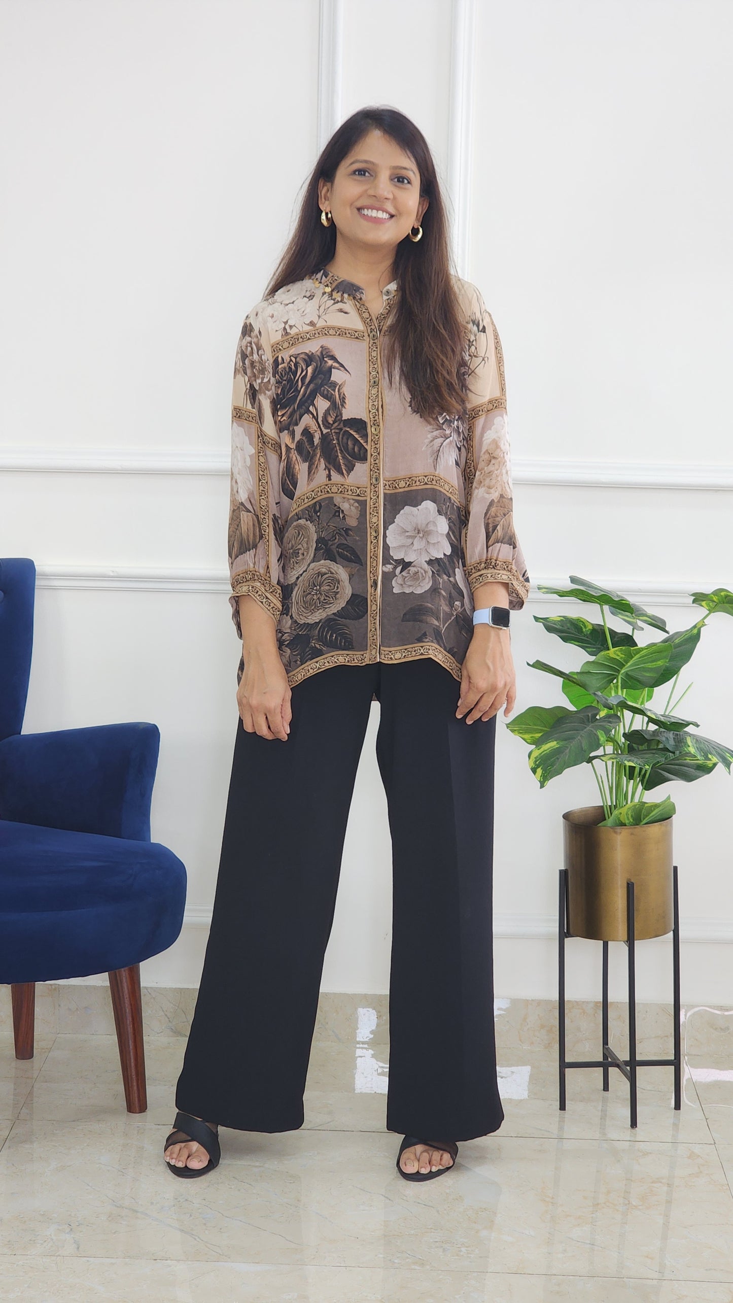 Brown Crepe Floral Shirt